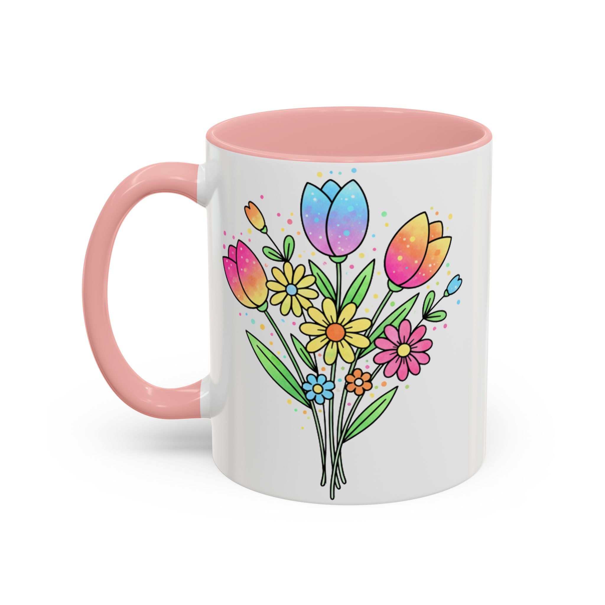Mug with pink handle and interior, featuring colorful floral design on a white background