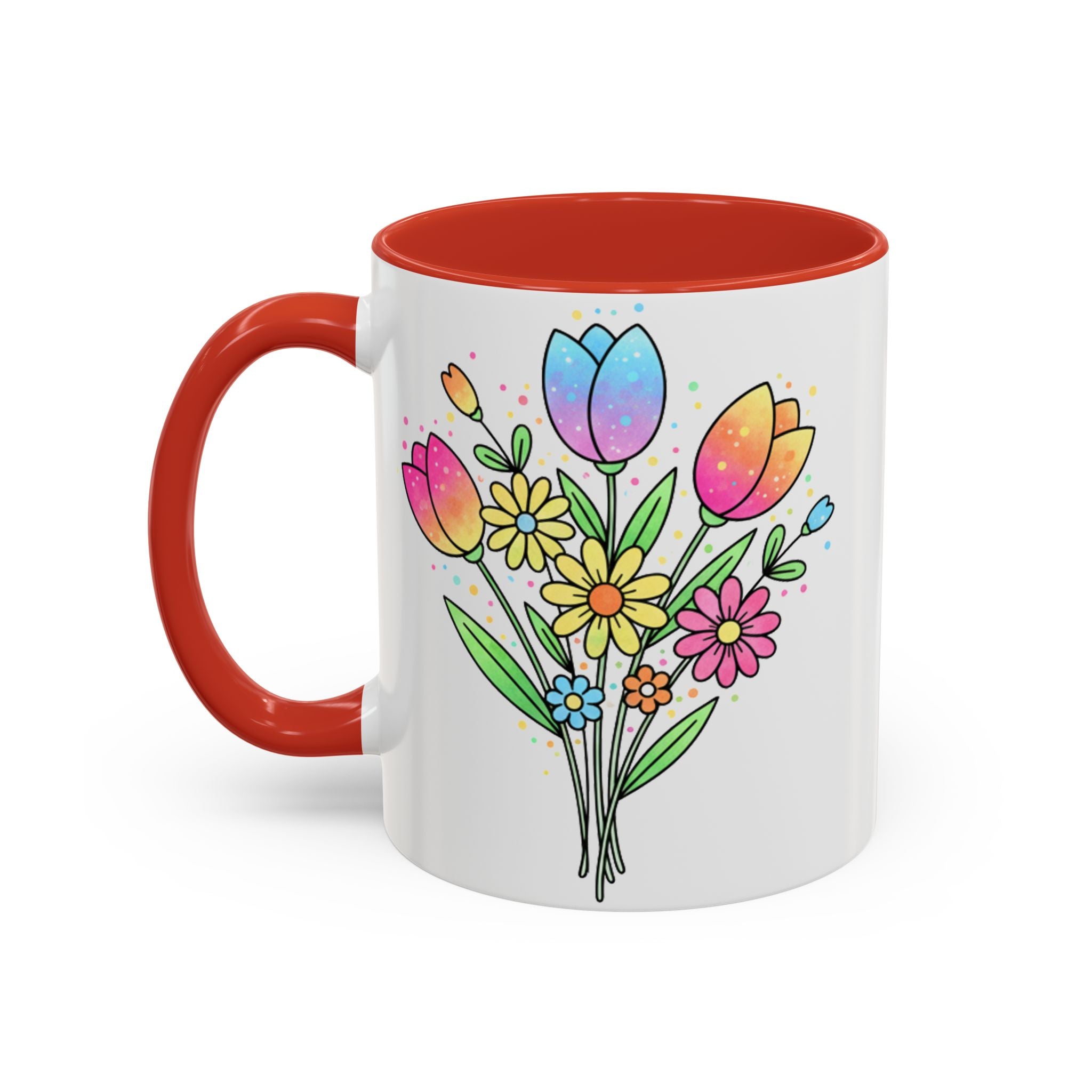 Mug with colorful floral design and red handle on a white background