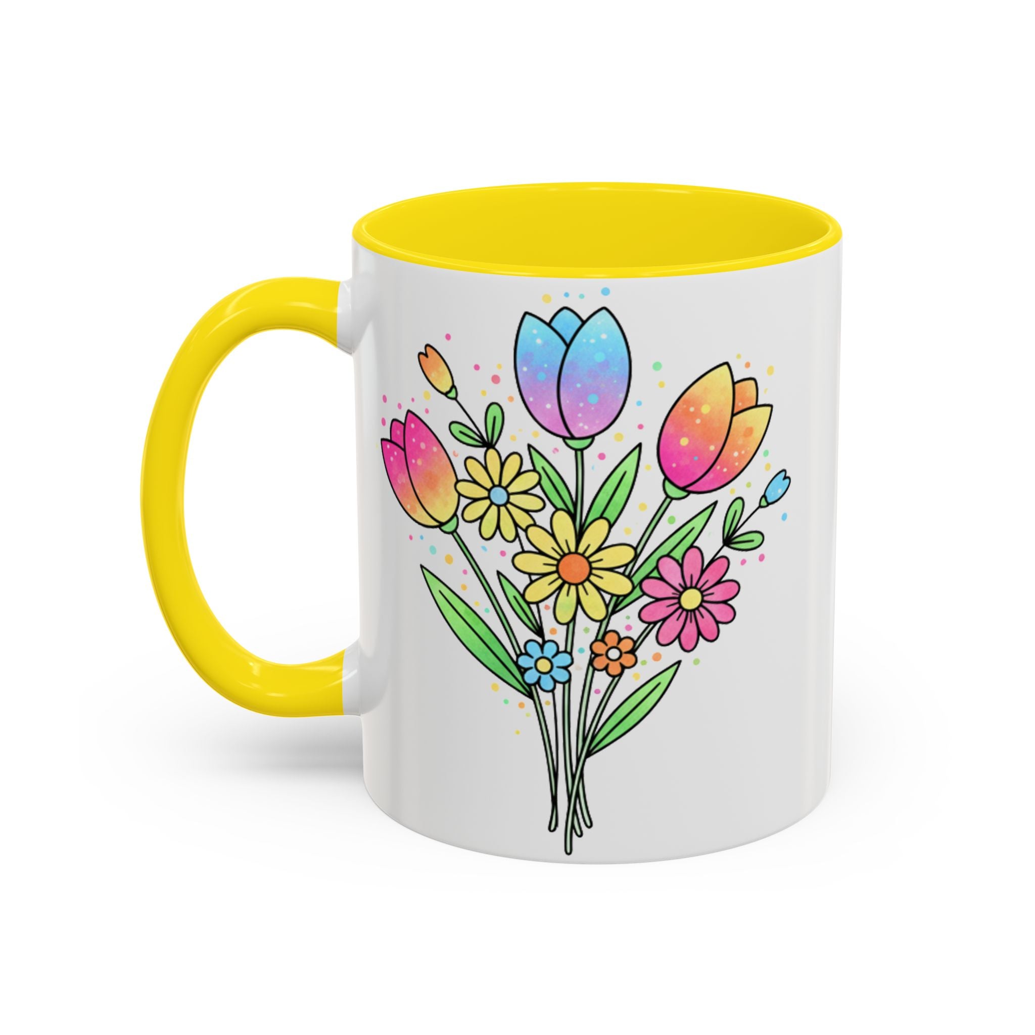 Mug with colorful floral design and yellow handle on a white background