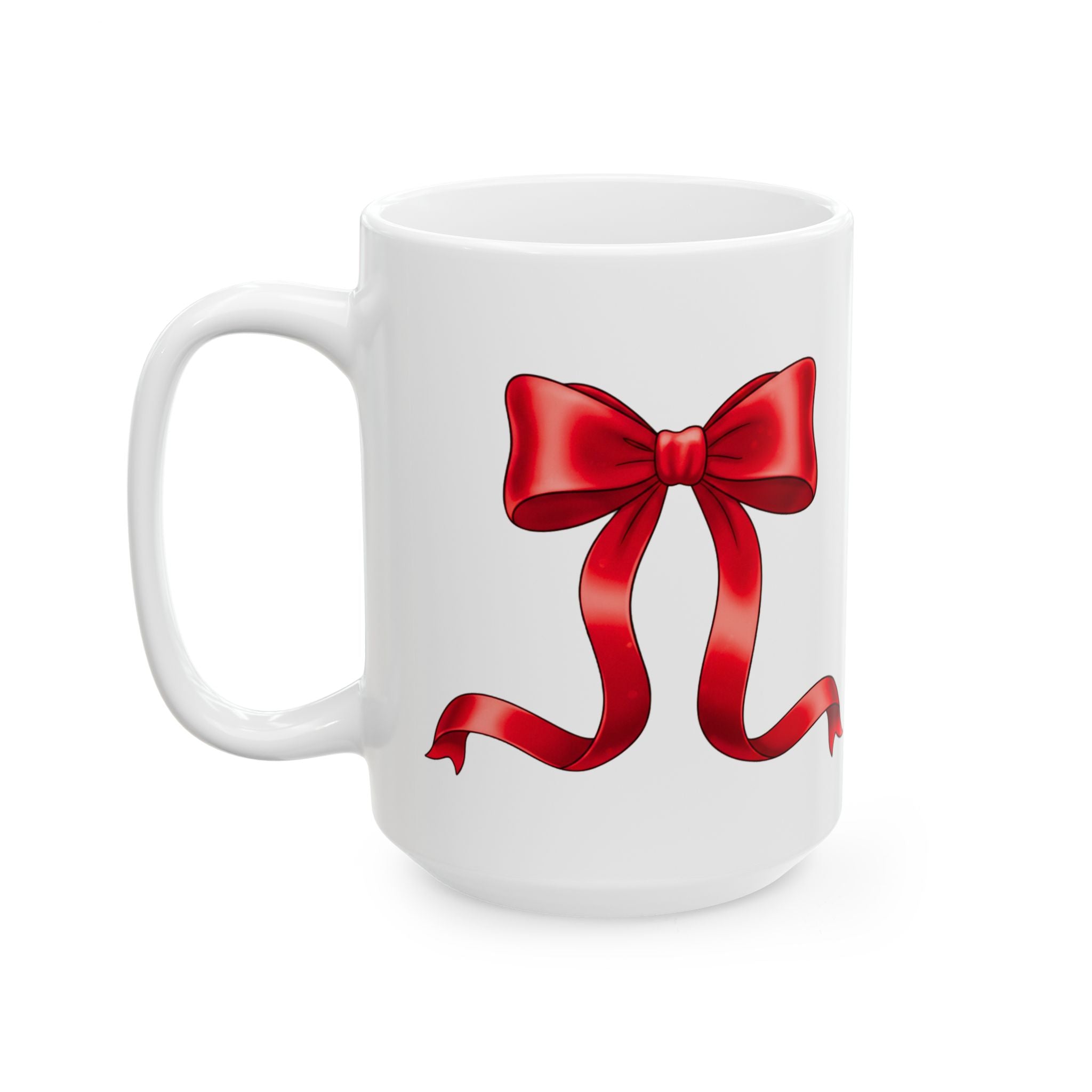 White mug with a red bow design on a white background