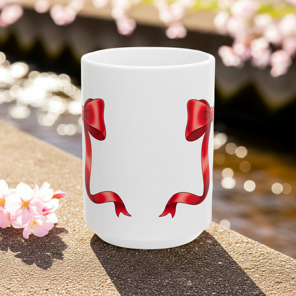 White mug with red ribbon design on a stone surface with blurred floral background