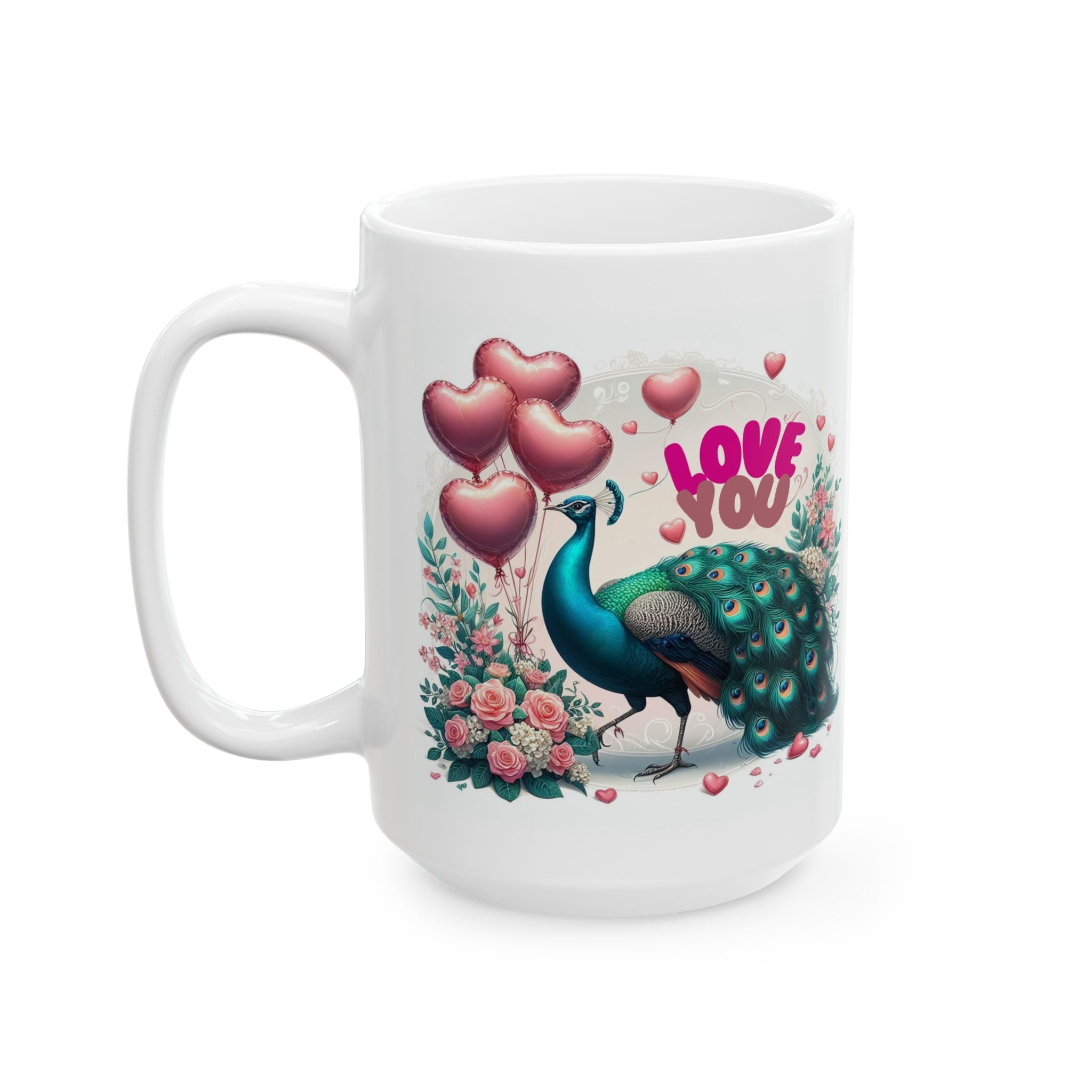 White mug with a peacock, hearts, and 'Love You' text on a white background