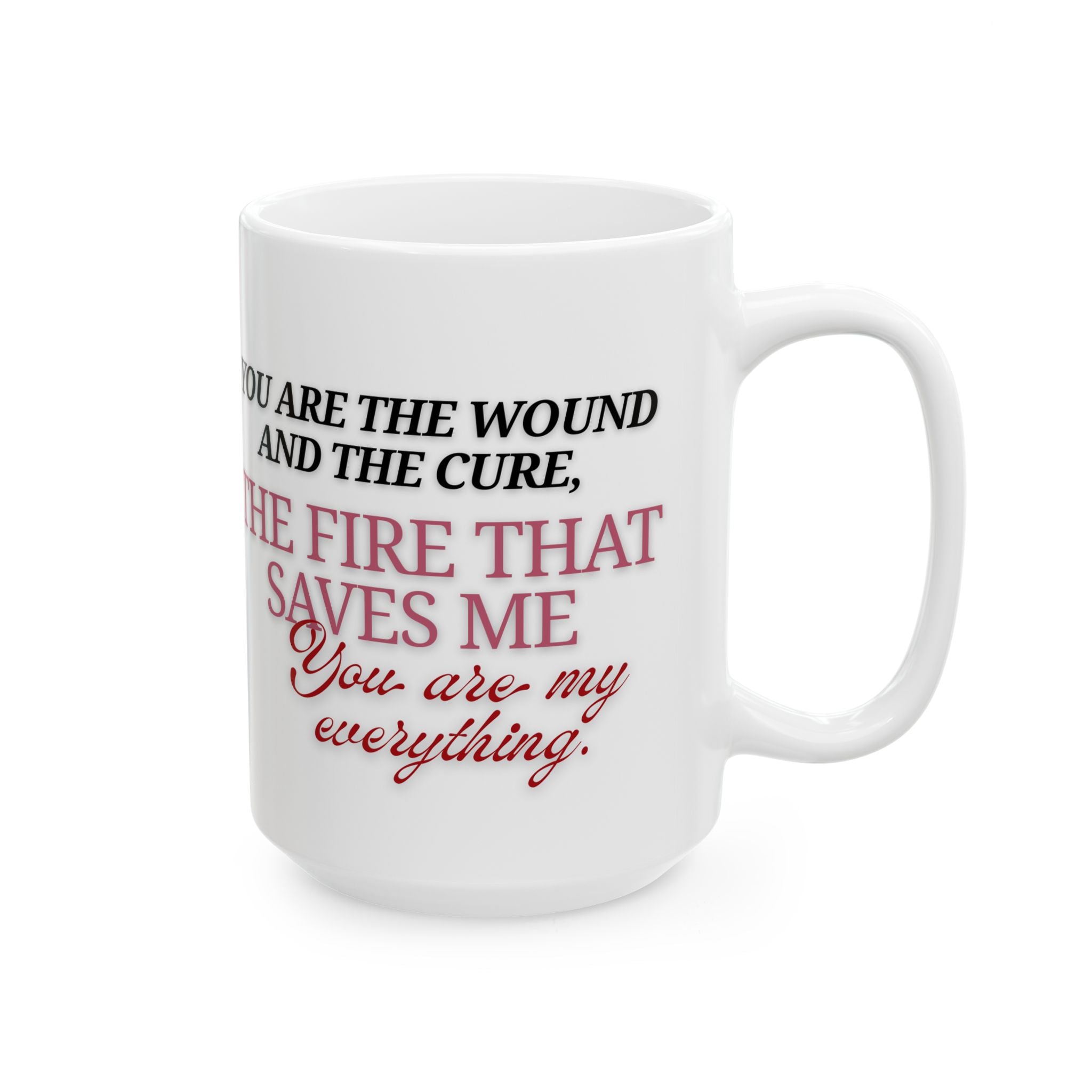 White mug with black and red text on a white background