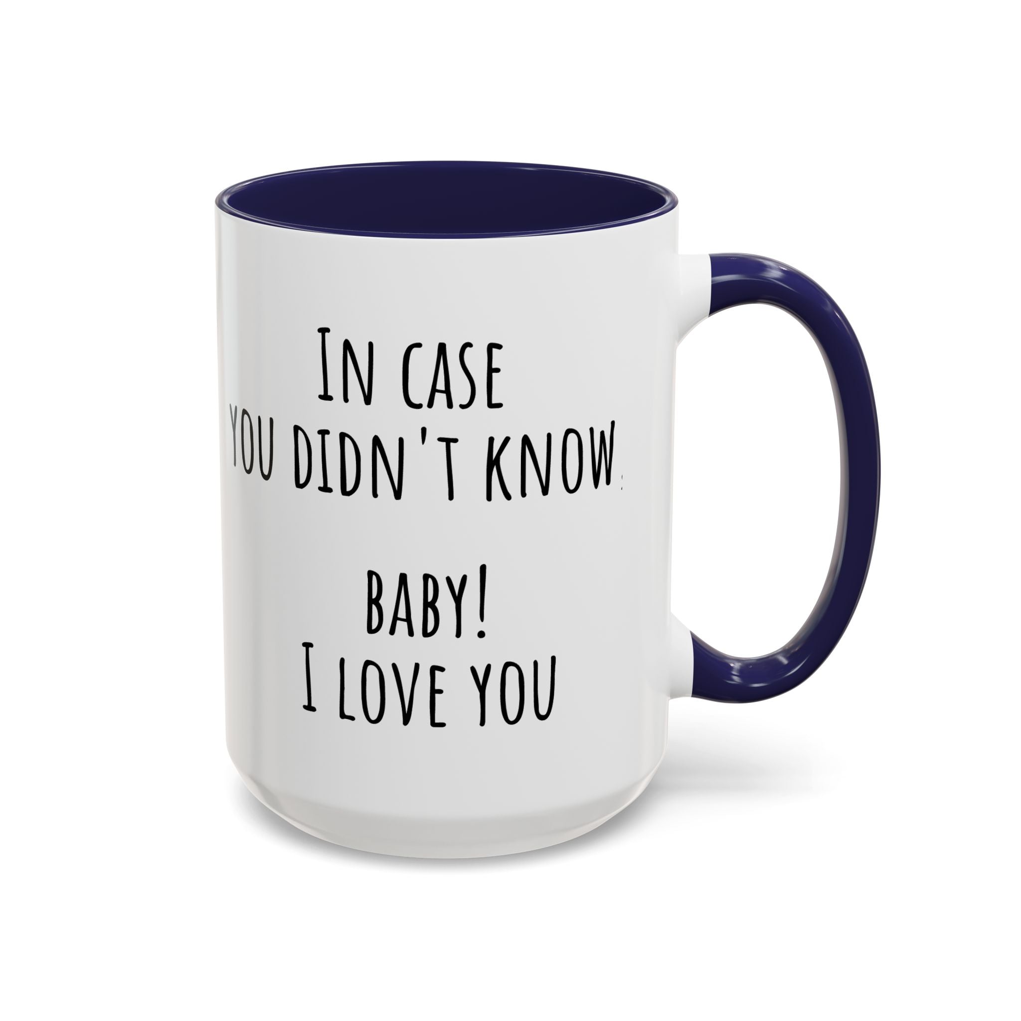 White mug with blue interior and handle, featuring red text on a white background