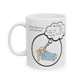White mug with a cartoon of a dog in bed and a thought bubble with text and equations, on a white background.
