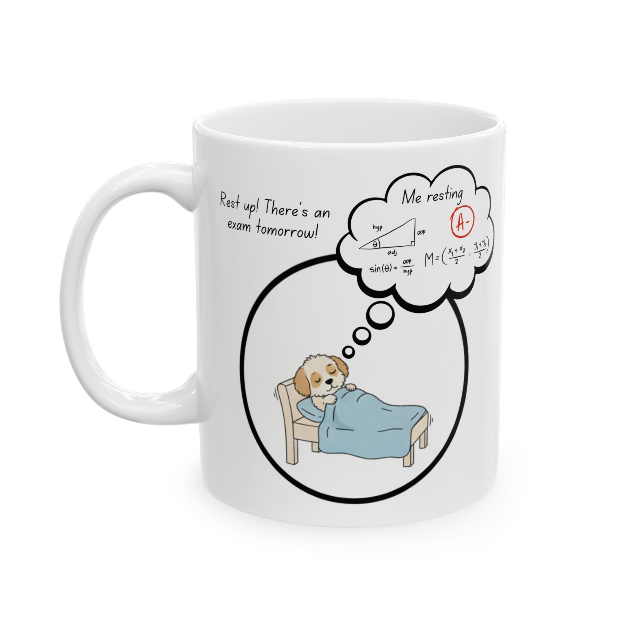 White mug with a cartoon of a dog in bed and a thought bubble with text and equations, on a white background.