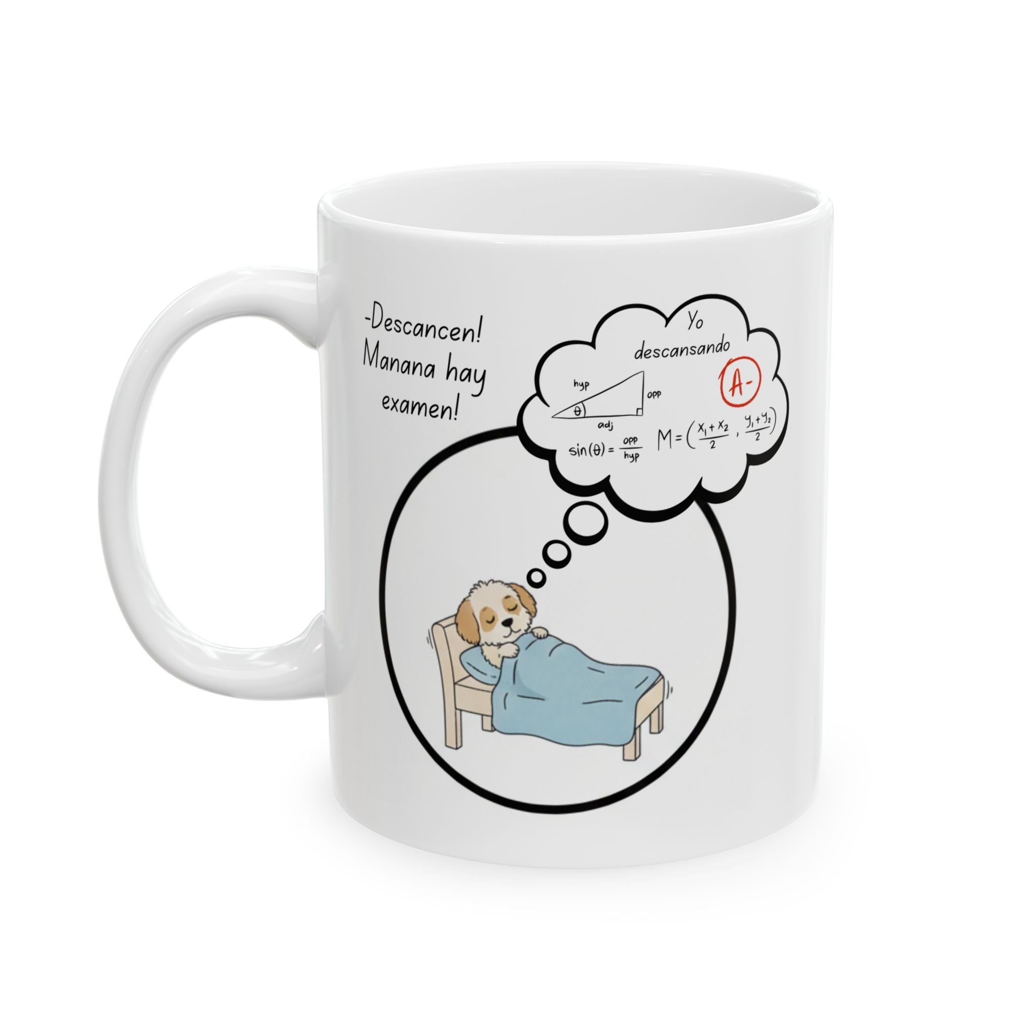 White mug with a cartoon design of a dog in bed and mathematical equations, on a white background.