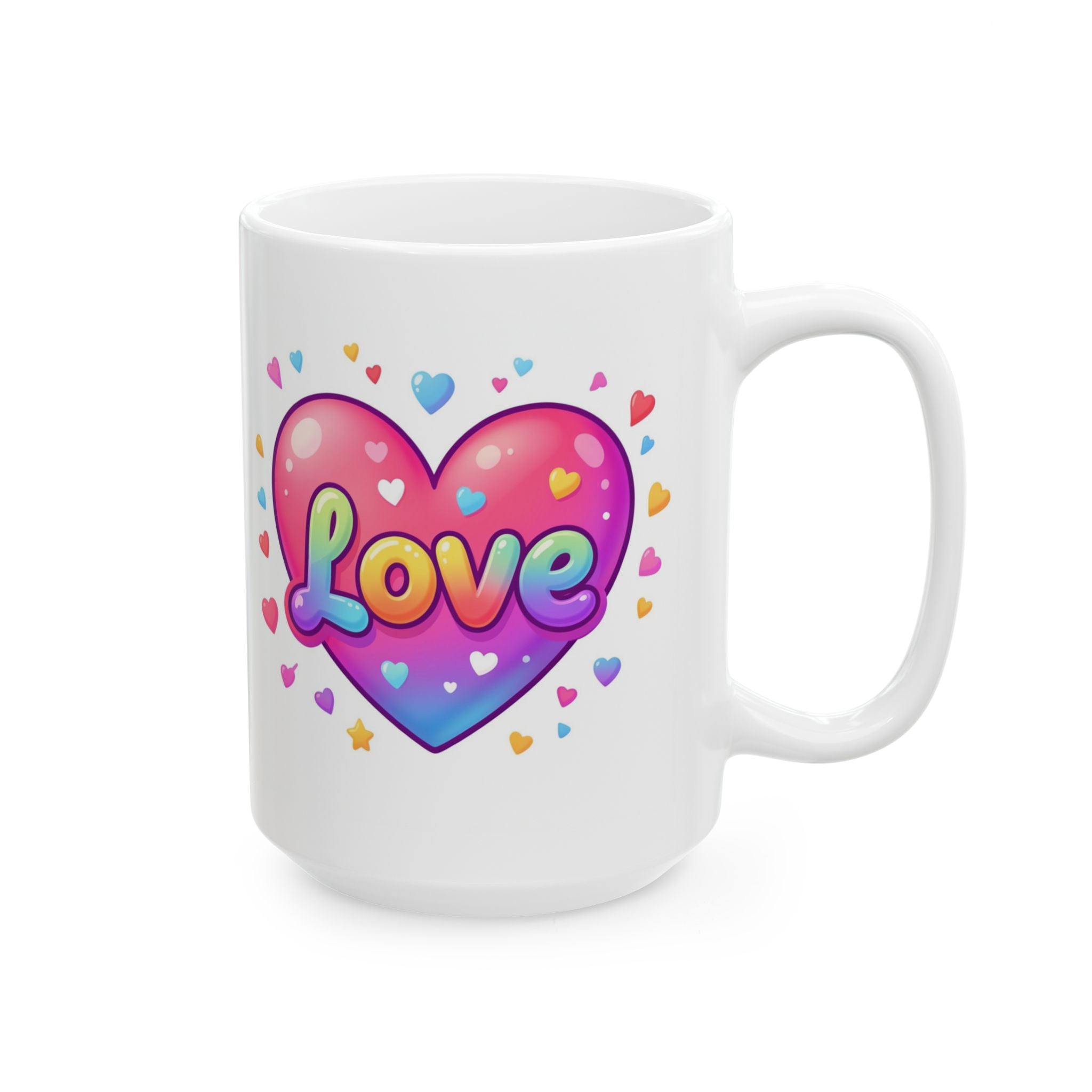 White mug with a colorful heart design and 'LOVE' text on a white background