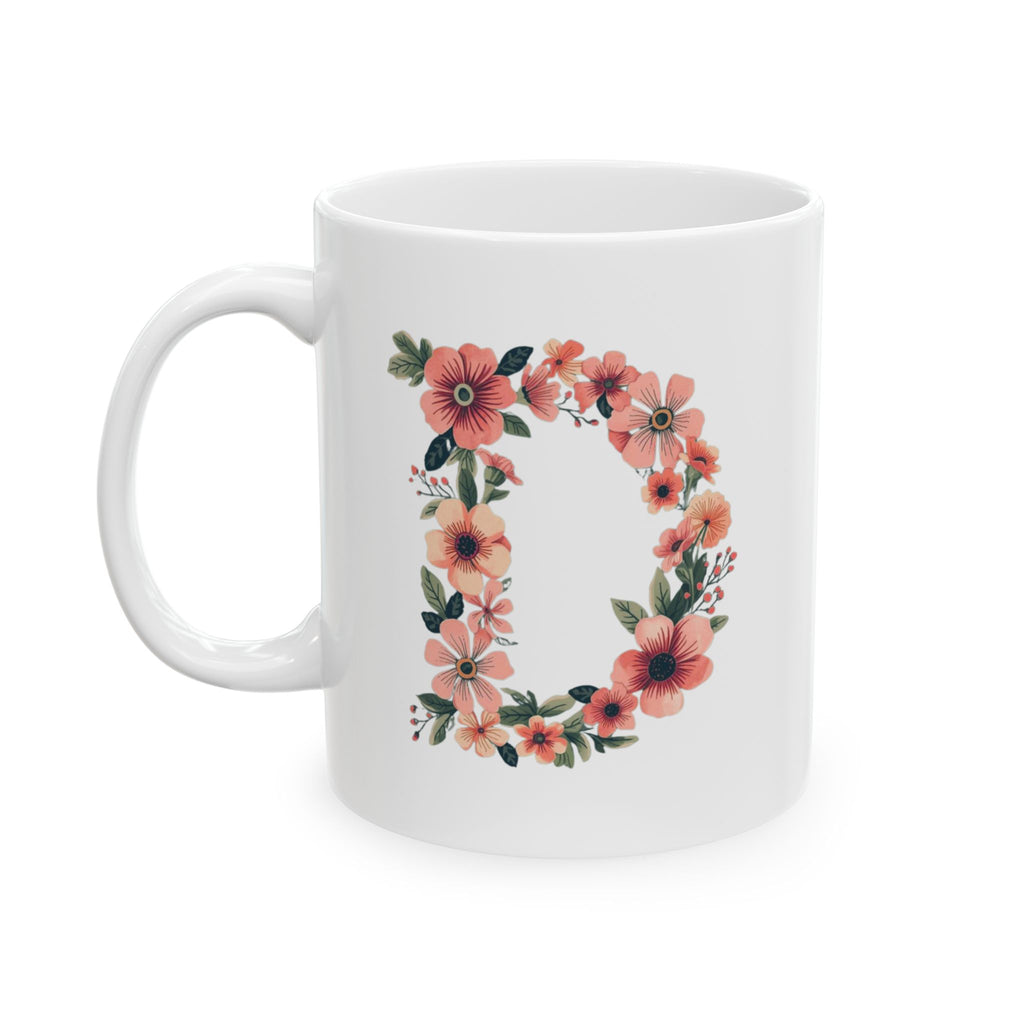 White mug with floral design on a white background