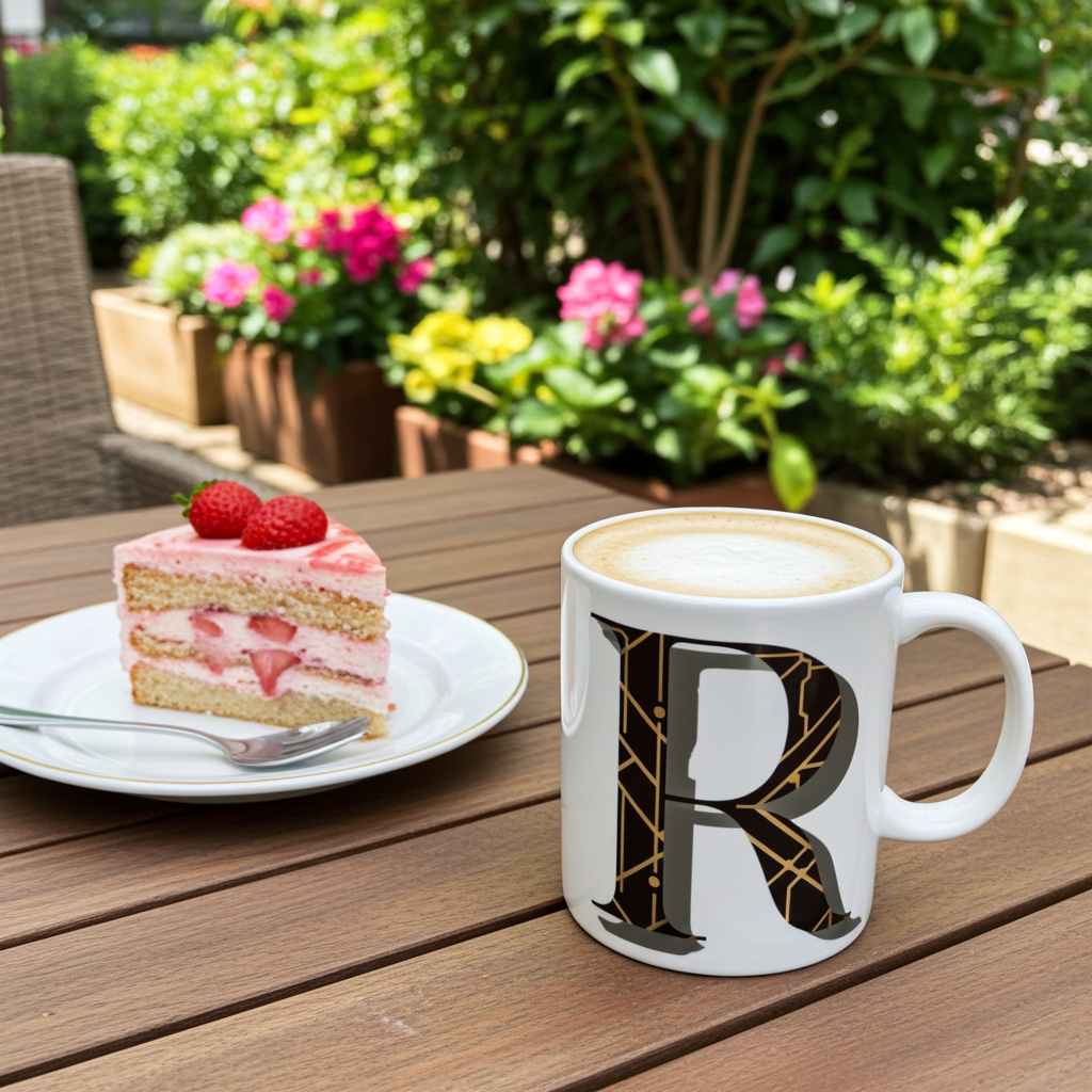 Slice of cake with raspberries and a mug with a letter 'R' on a wooden table outdoors.