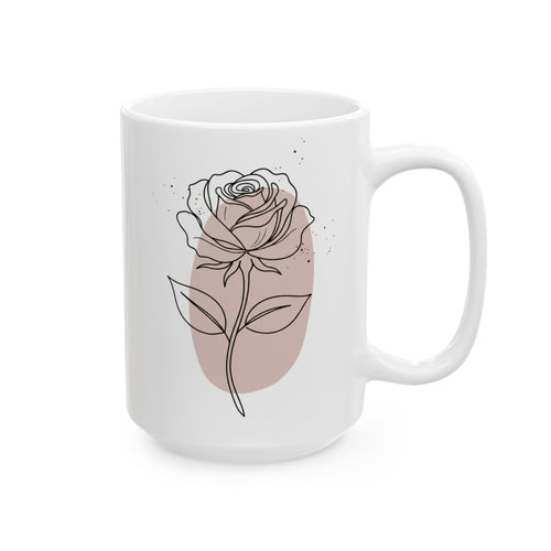 White mug with a rose design on a white background