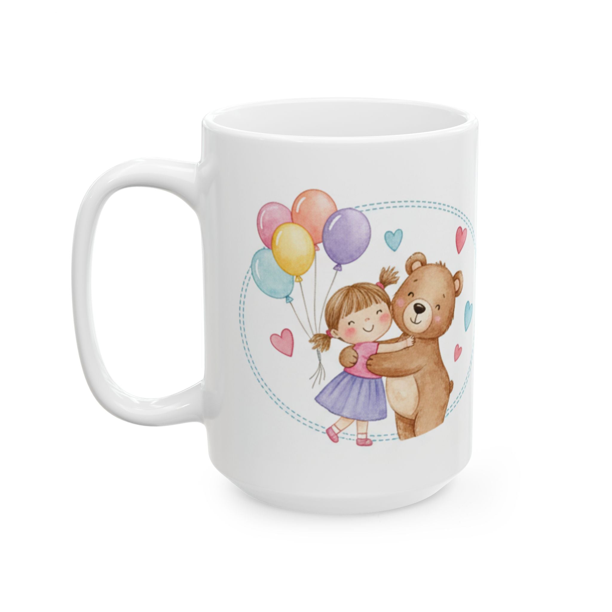 White mug with a cartoon design of a girl and bear holding balloons on a white background