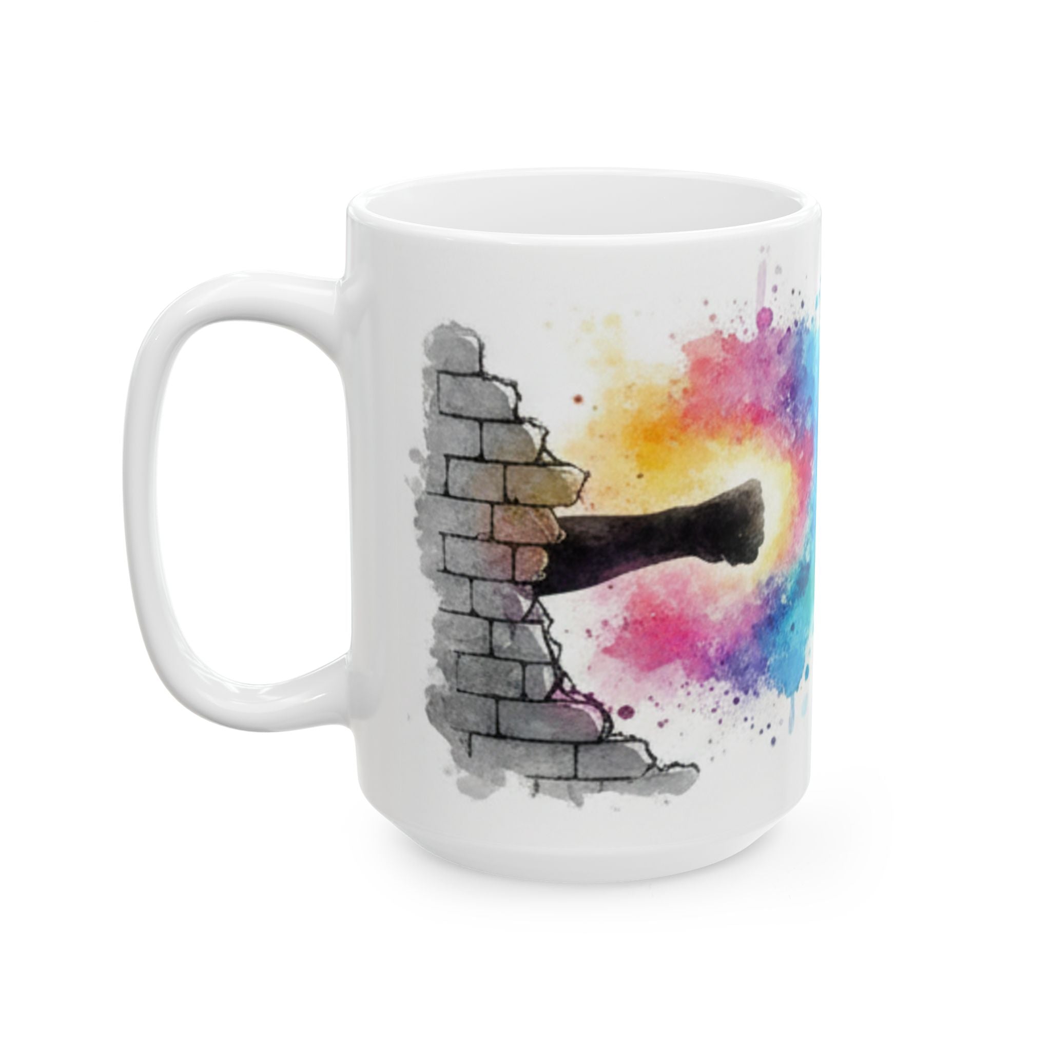 White mug with a colorful design of an arm breaking a wall on a white background