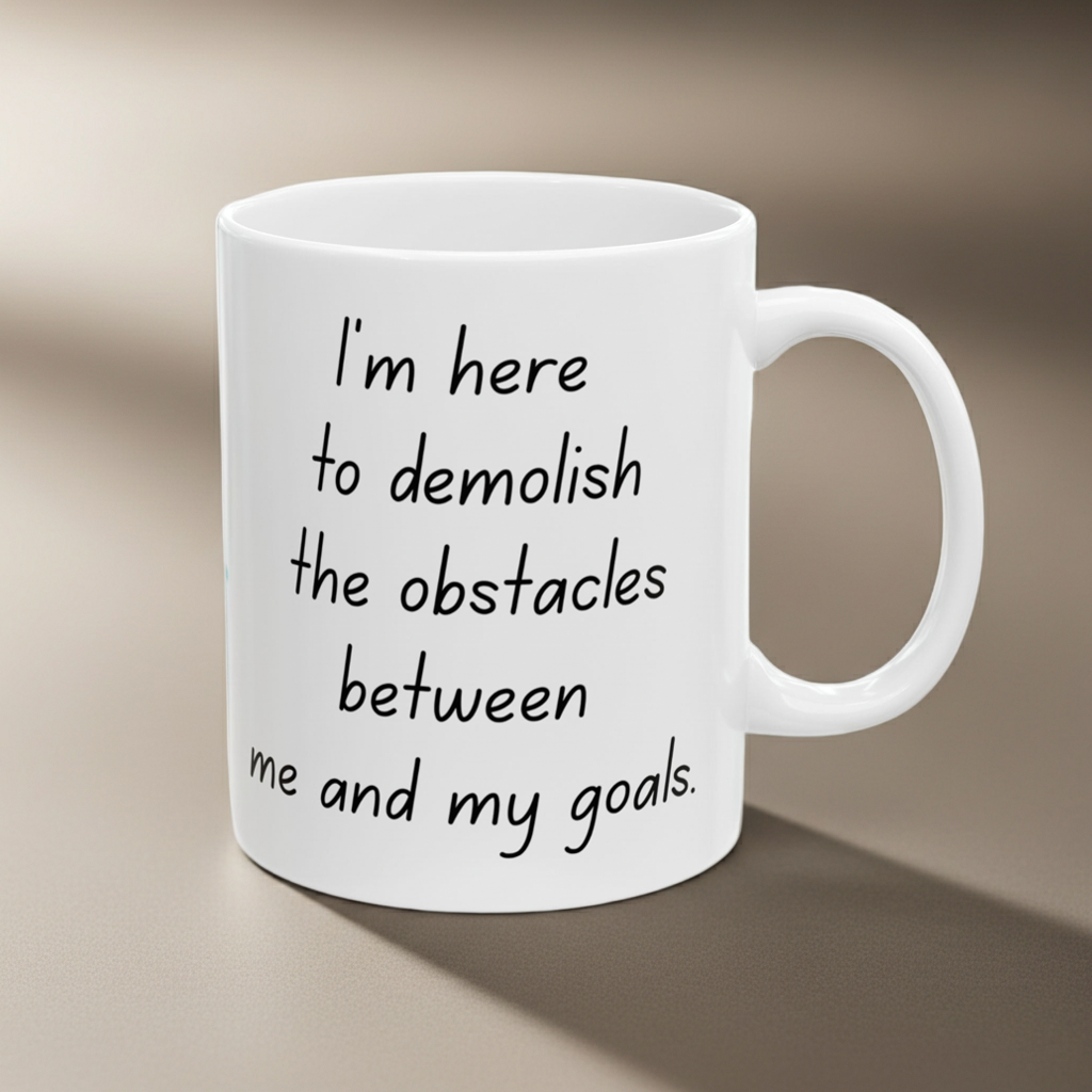 White mug with motivational quote on a beige background
