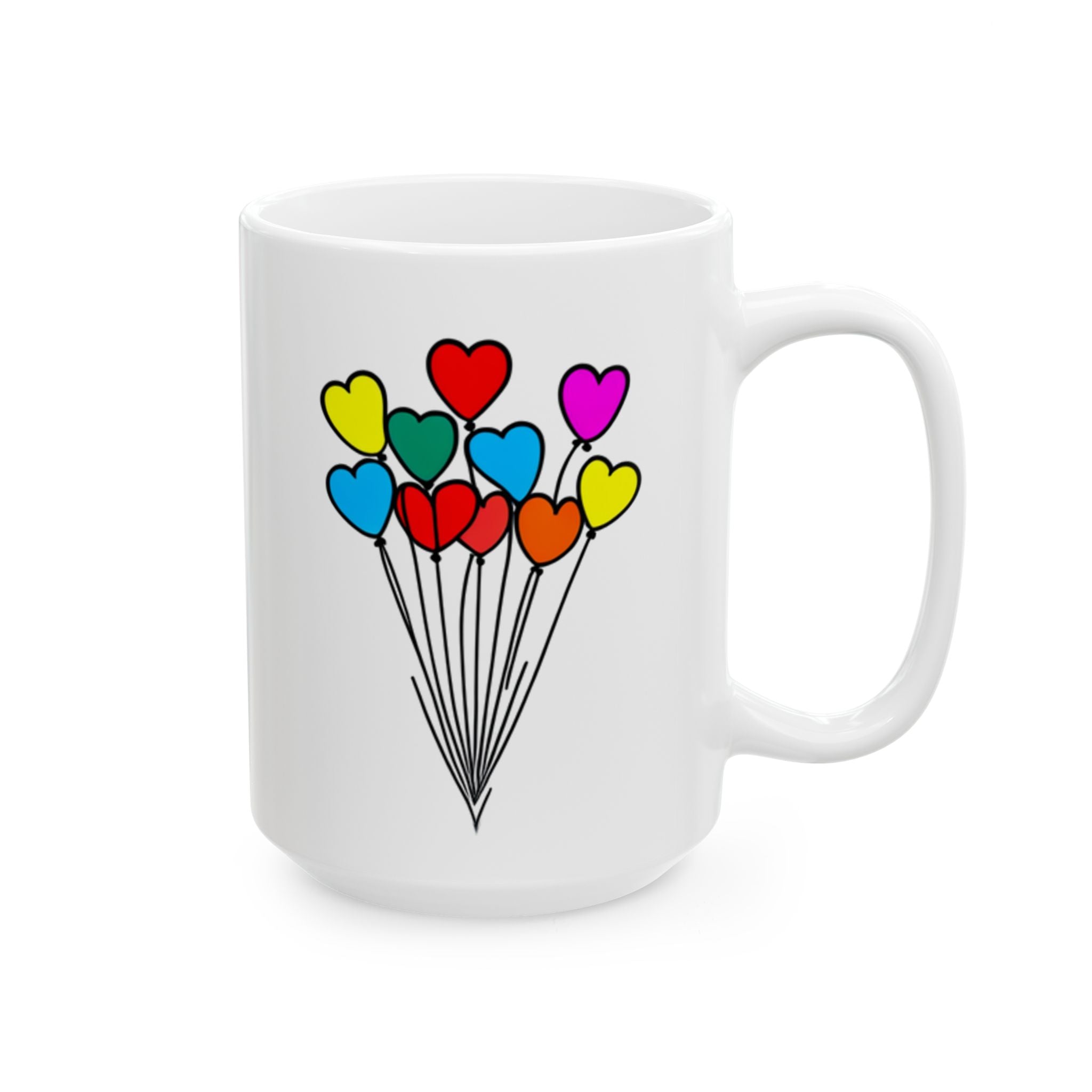 White mug with colorful heart design on a white background