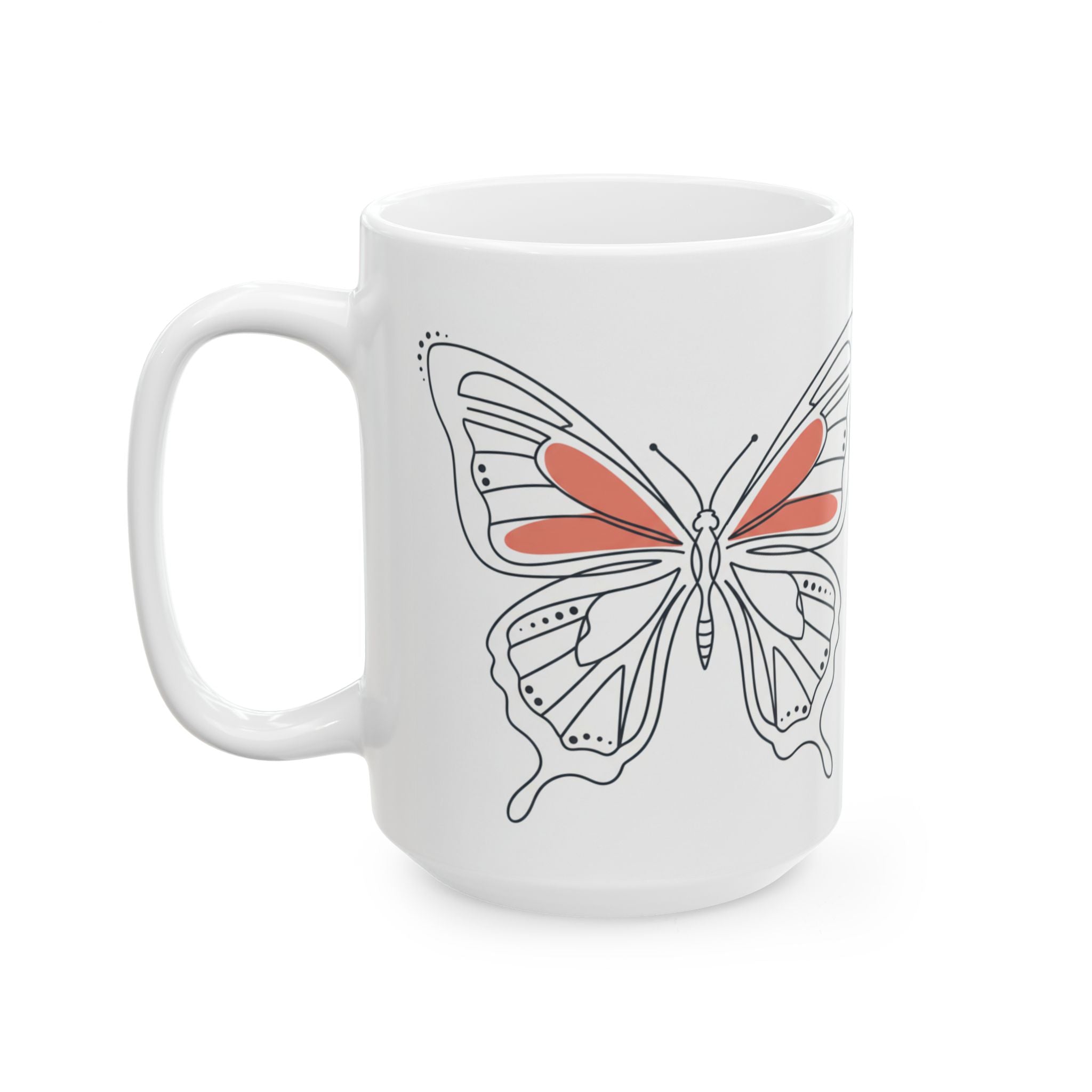 White mug with a butterfly design on a white background