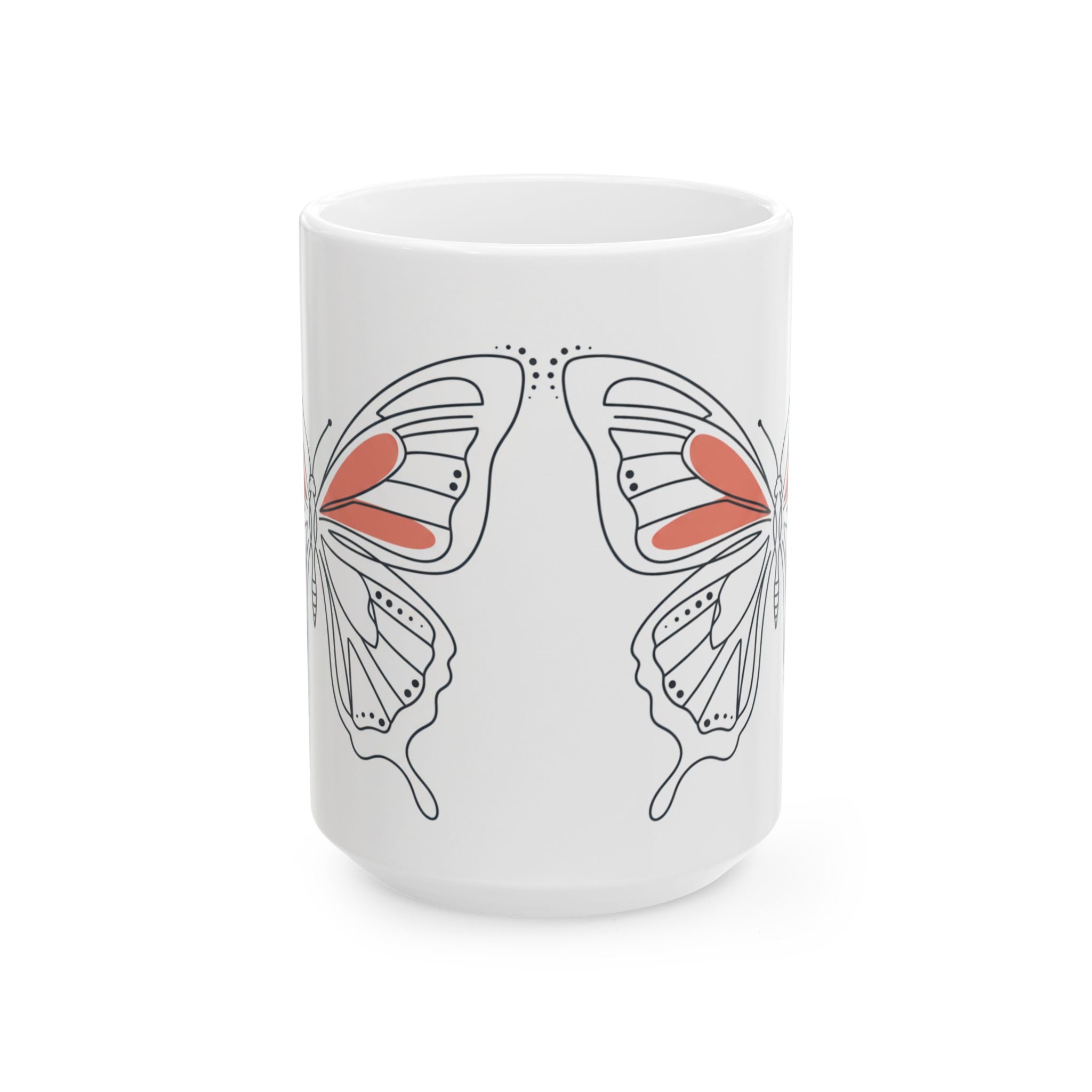 White mug with butterfly design on a white background
