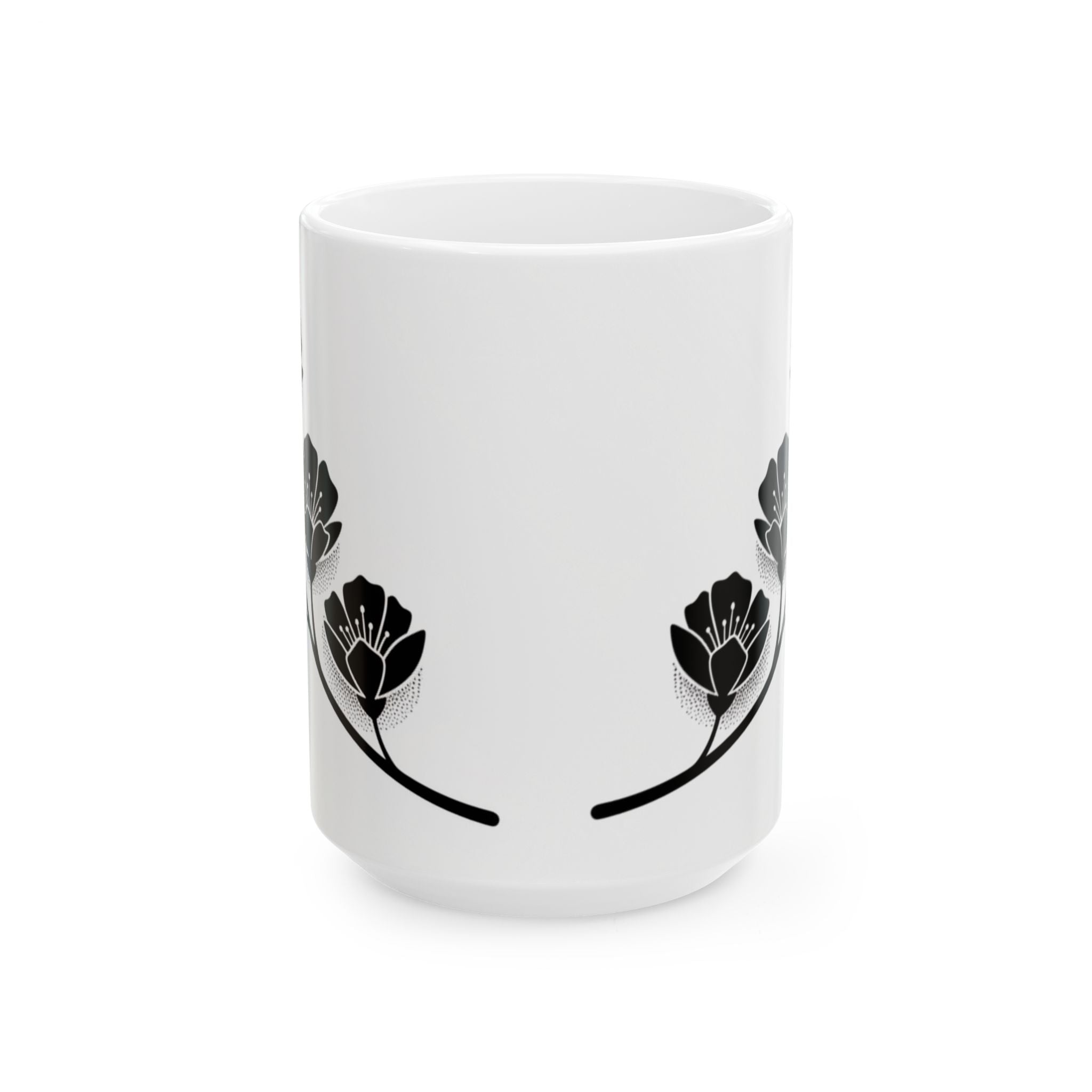 White mug with black floral patterns on a white background