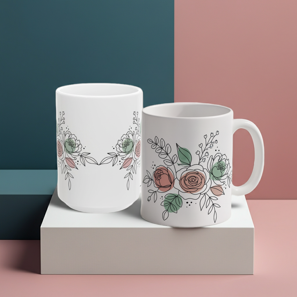 Two white mugs with floral designs on a geometric background