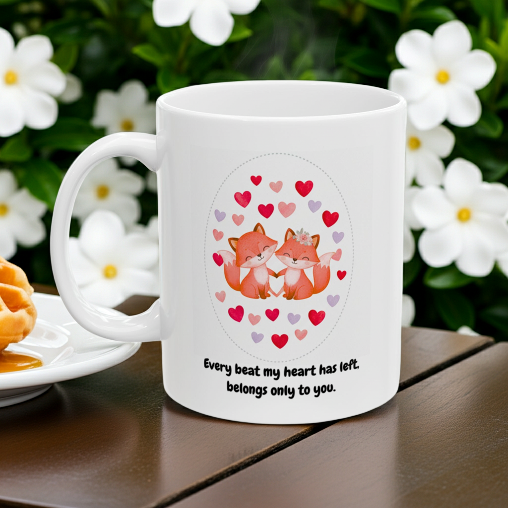 White mug with foxes and hearts design on a wooden table with flowers in the background
