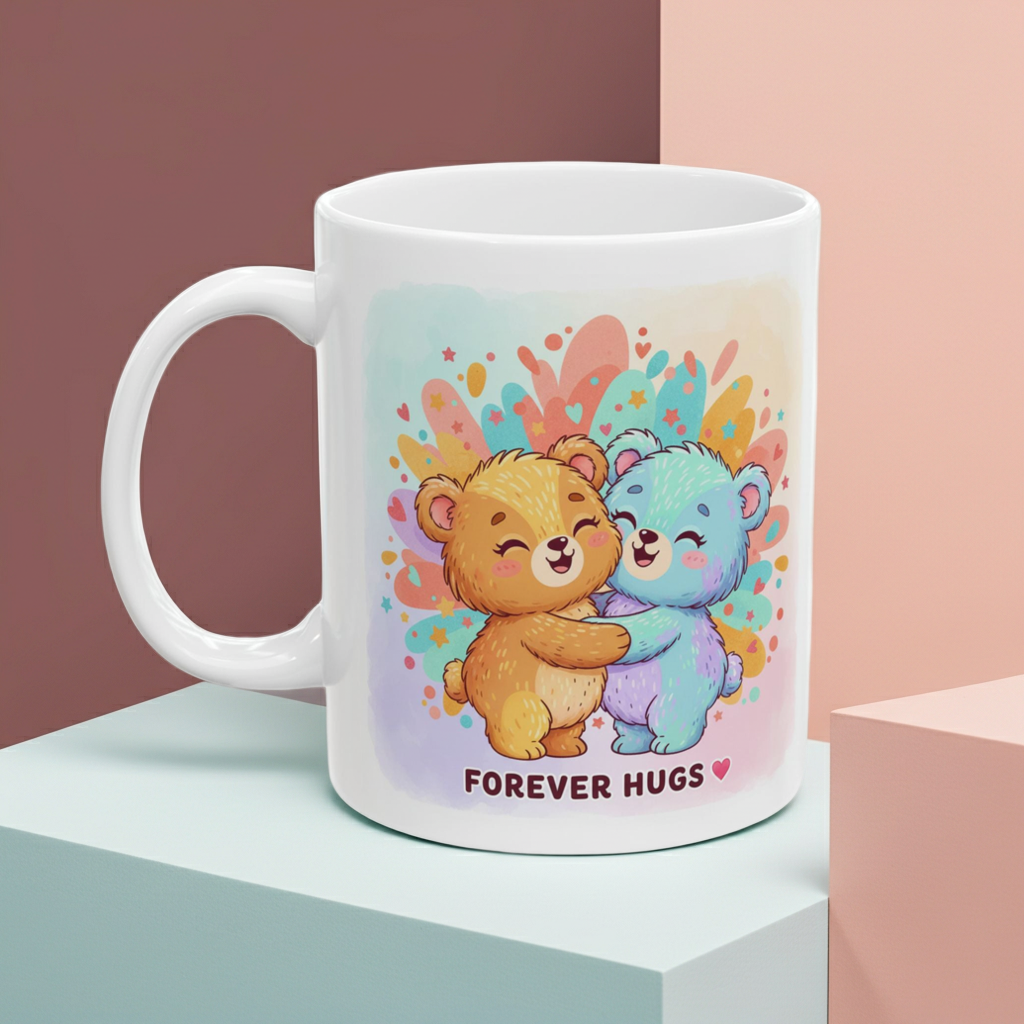 White mug with cartoon bears hugging and 'Forever Hugs' text on a colorful background