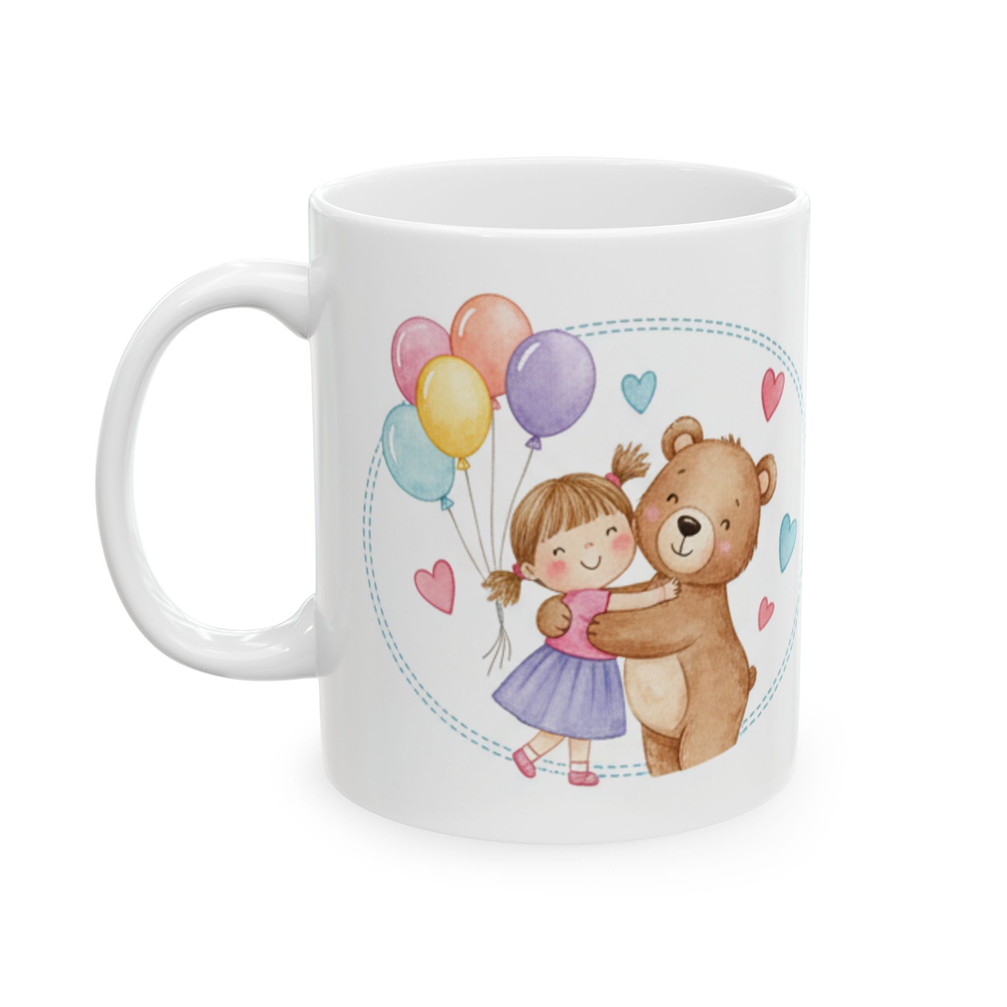 White mug with a cartoon design of a girl hugging a bear and balloons on a white background