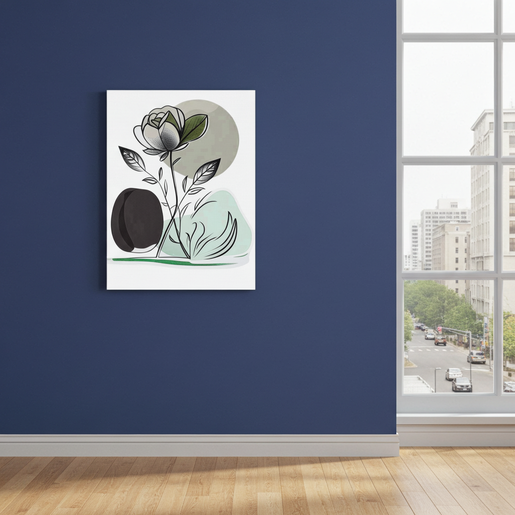 Abstract art print of a rose and circles on a blue wall with a cityscape view.