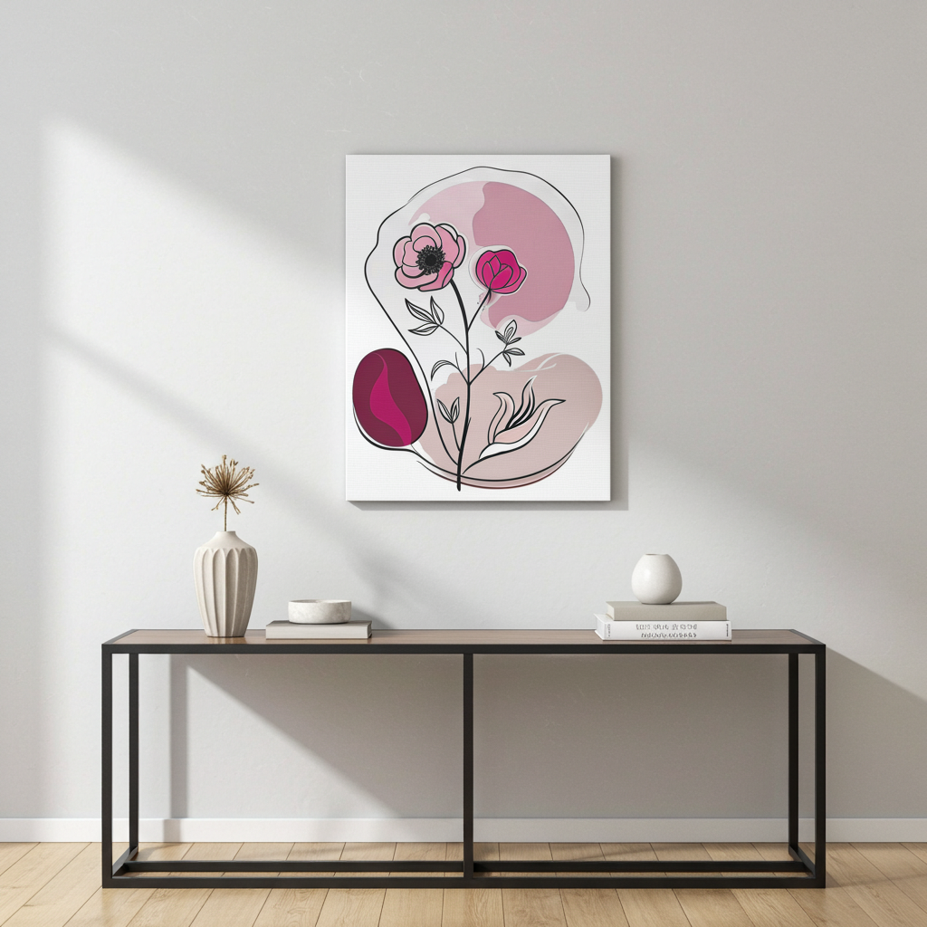 Floral artwork on a wall above a console table with decorative items.