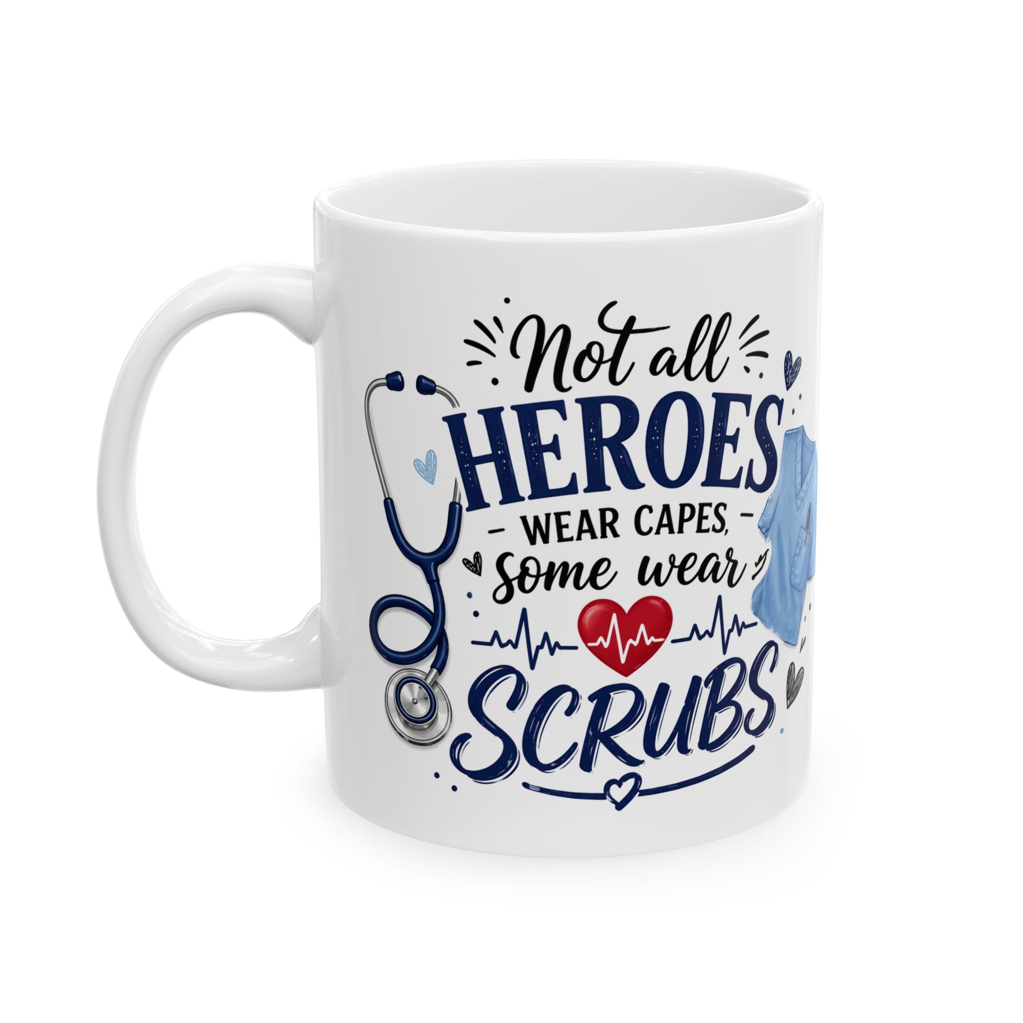 White mug with medical-themed design and text on a white background