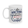 White mug with medical-themed design and text on a white background