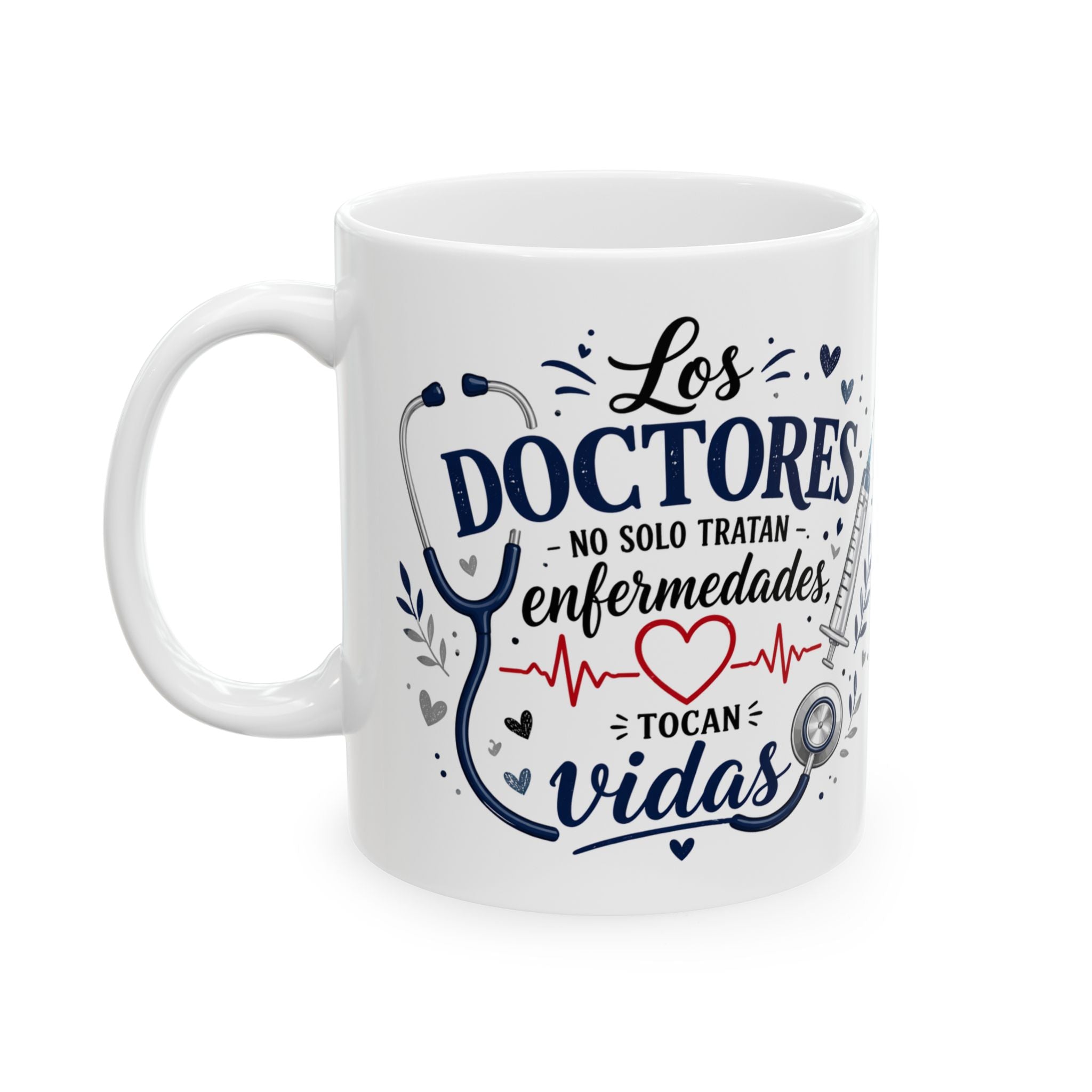 White mug with medical-themed design and text on a white background