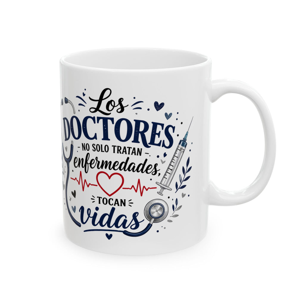 White mug with text and medical symbols on a white background