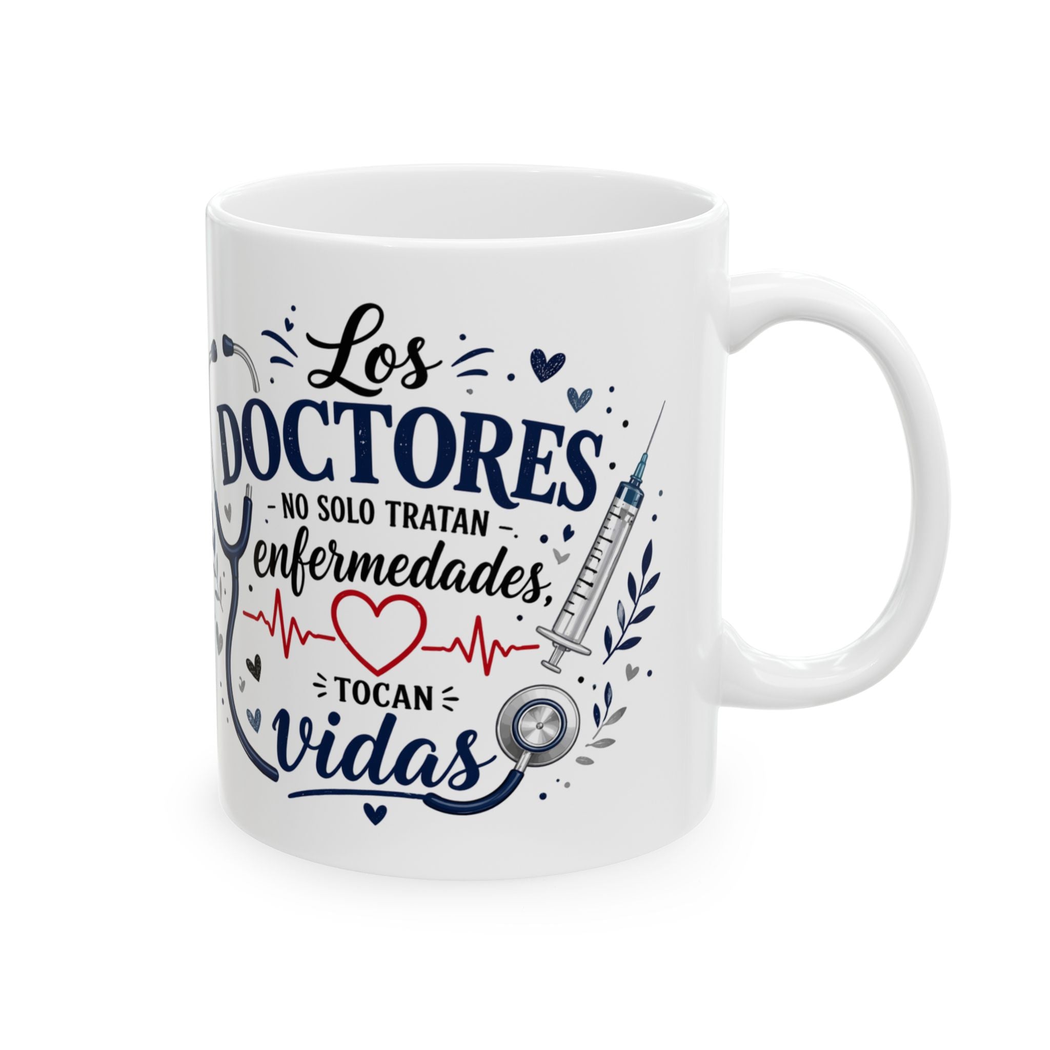 White mug with text and medical symbols on a white background