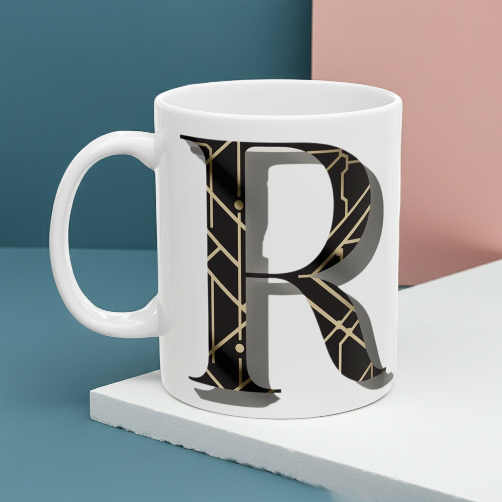 White mug with a black and gold letter 'R' design on a blue and pink gradient background