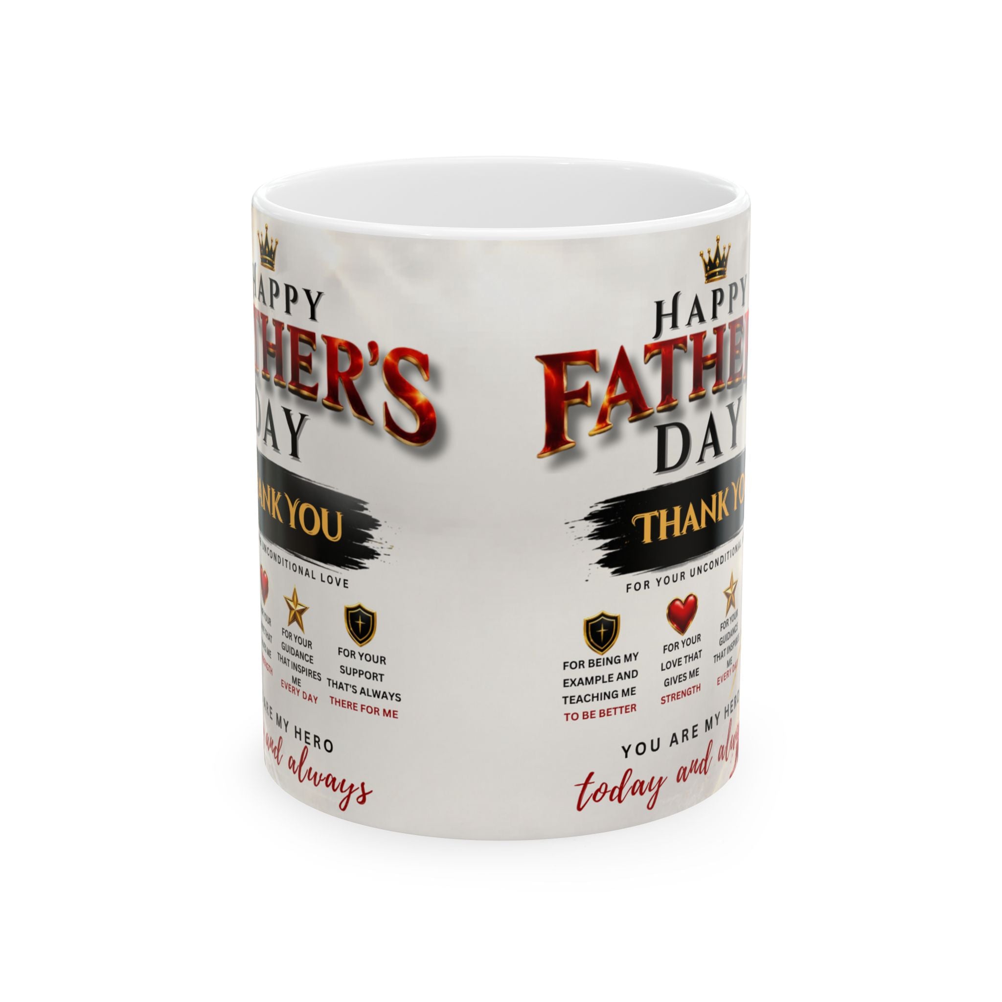 White mug with Father's Day text and graphics on a white background