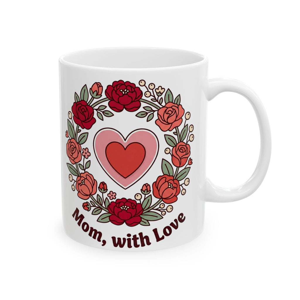 White mug with red floral design and heart, featuring 'Mom, with Love' text on a white background.