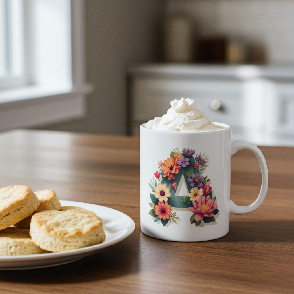 Mug with floral design and whipped cream on a wooden table with biscuits.