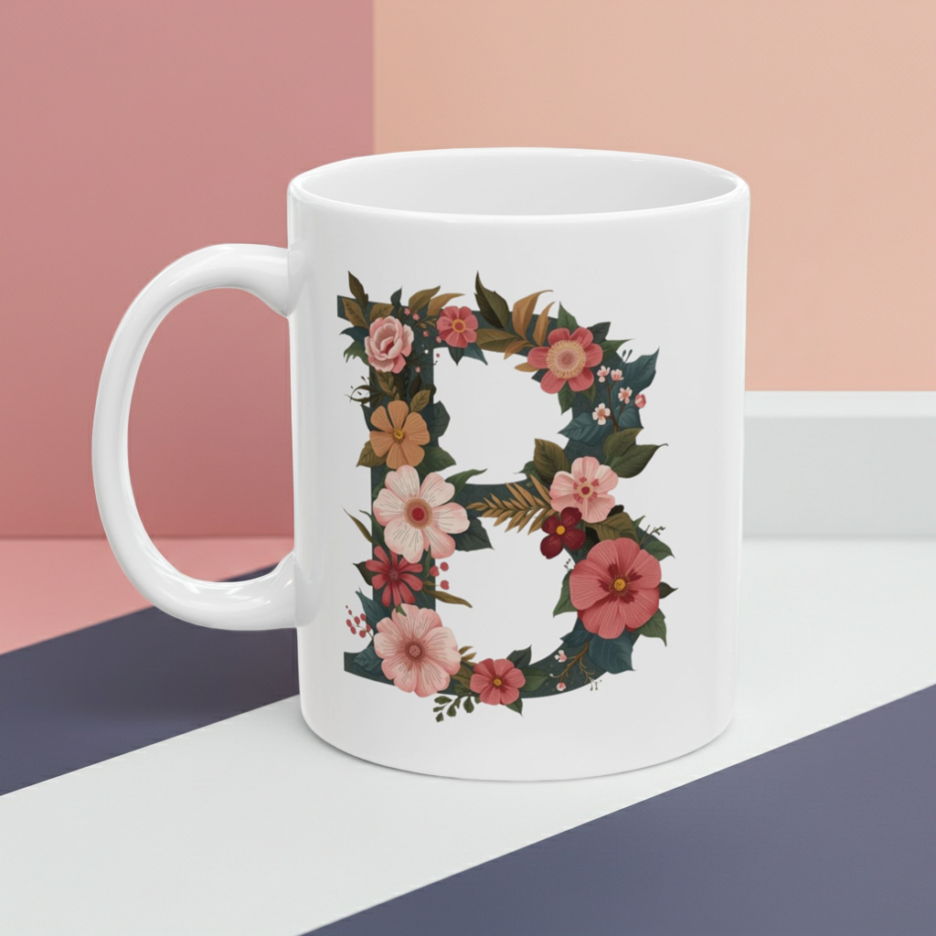 White mug with floral letter 'H' design on a two-tone pink and blue background