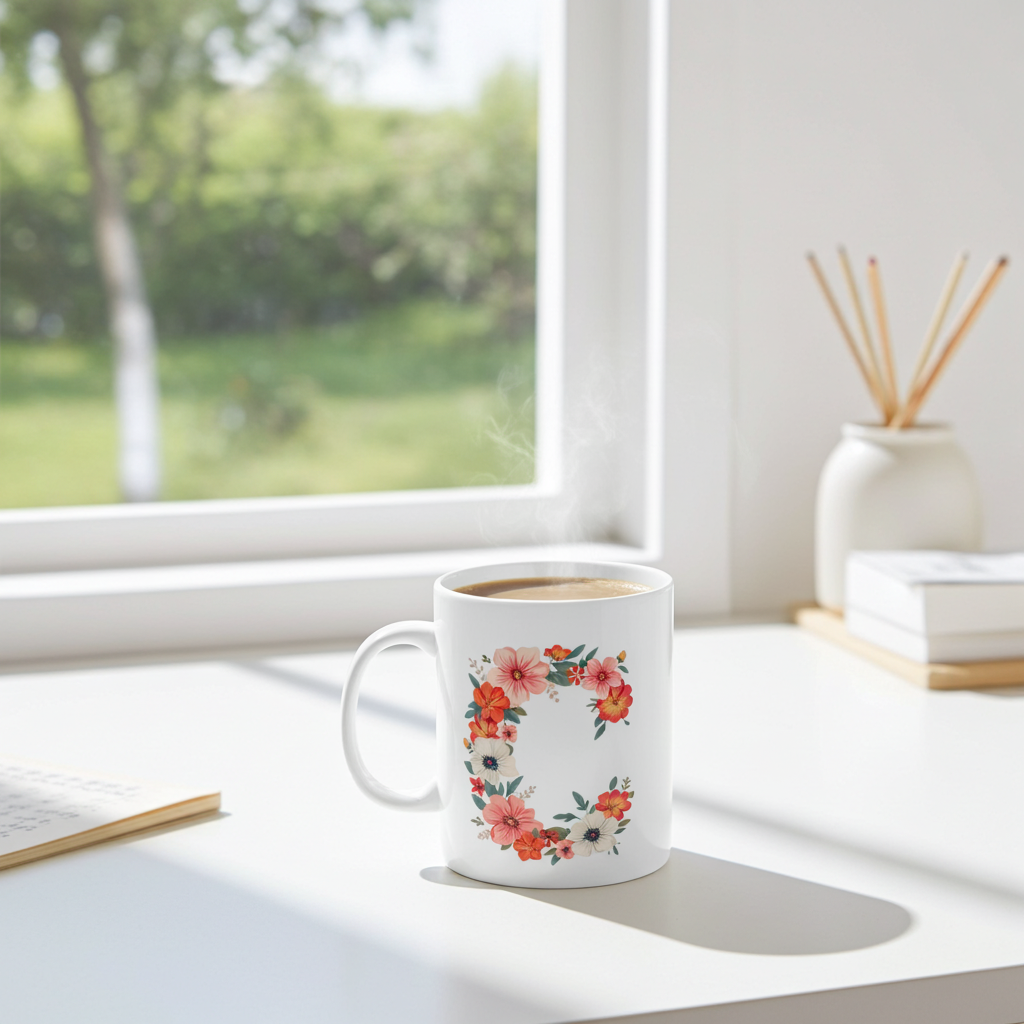 White mug with floral design on a desk by a window with a view of greenery