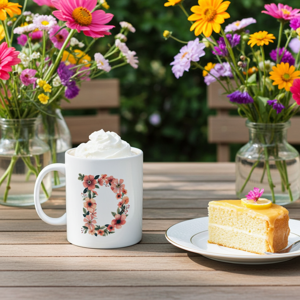 Mug with floral design, whipped cream, and cake on a wooden table with flowers in the background