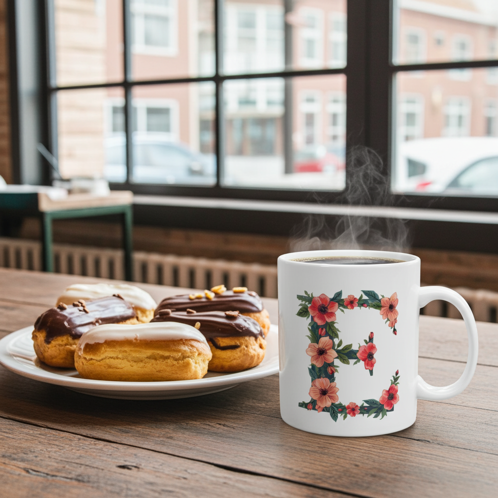 Steaming mug with floral design on a wooden table with pastries