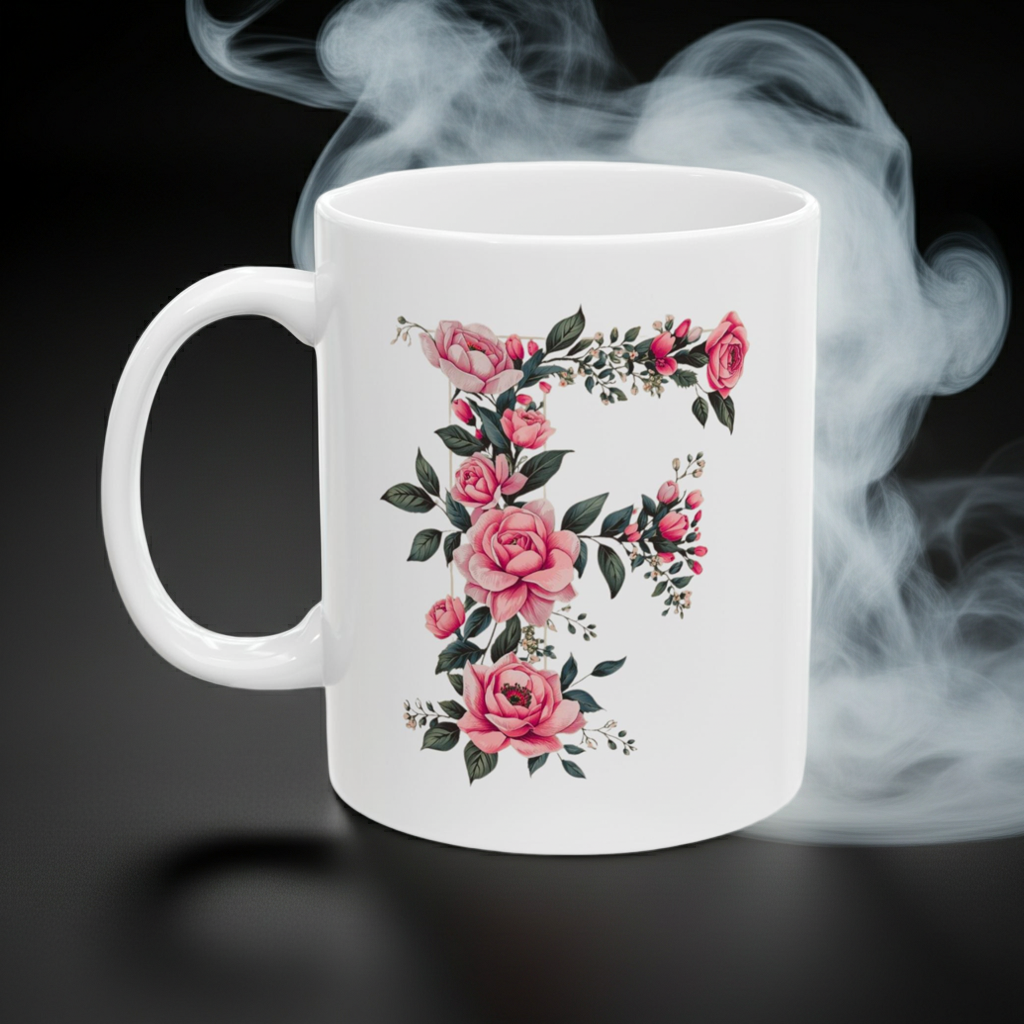 White mug with floral design on a dark background with smoke effect