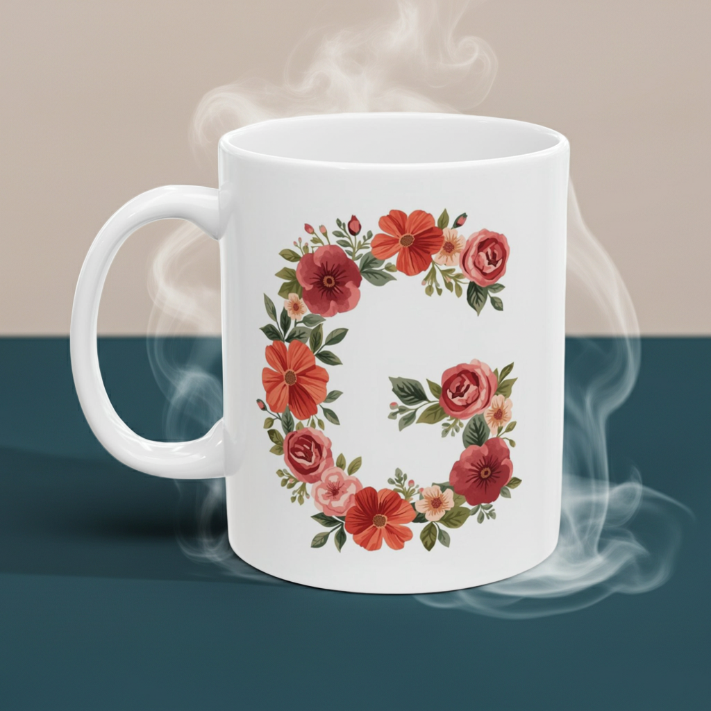 White mug with floral design on a gradient background