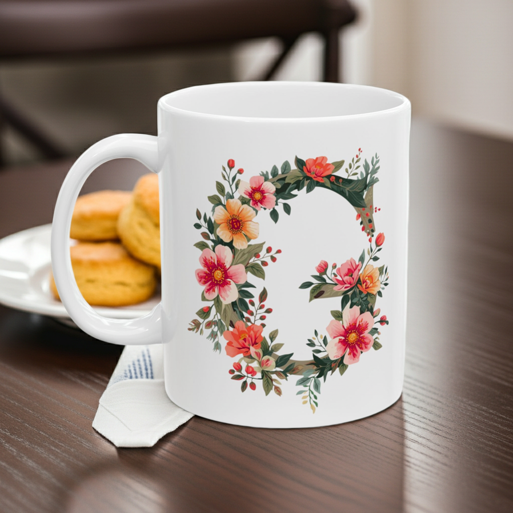 White mug with floral design on a wooden table with pastries in the background