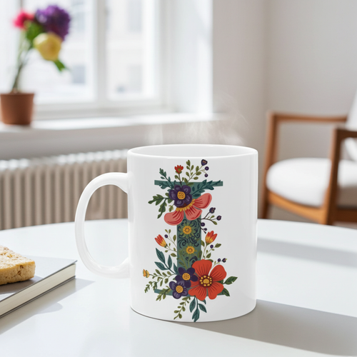 White mug with floral design on a table with a blurred background