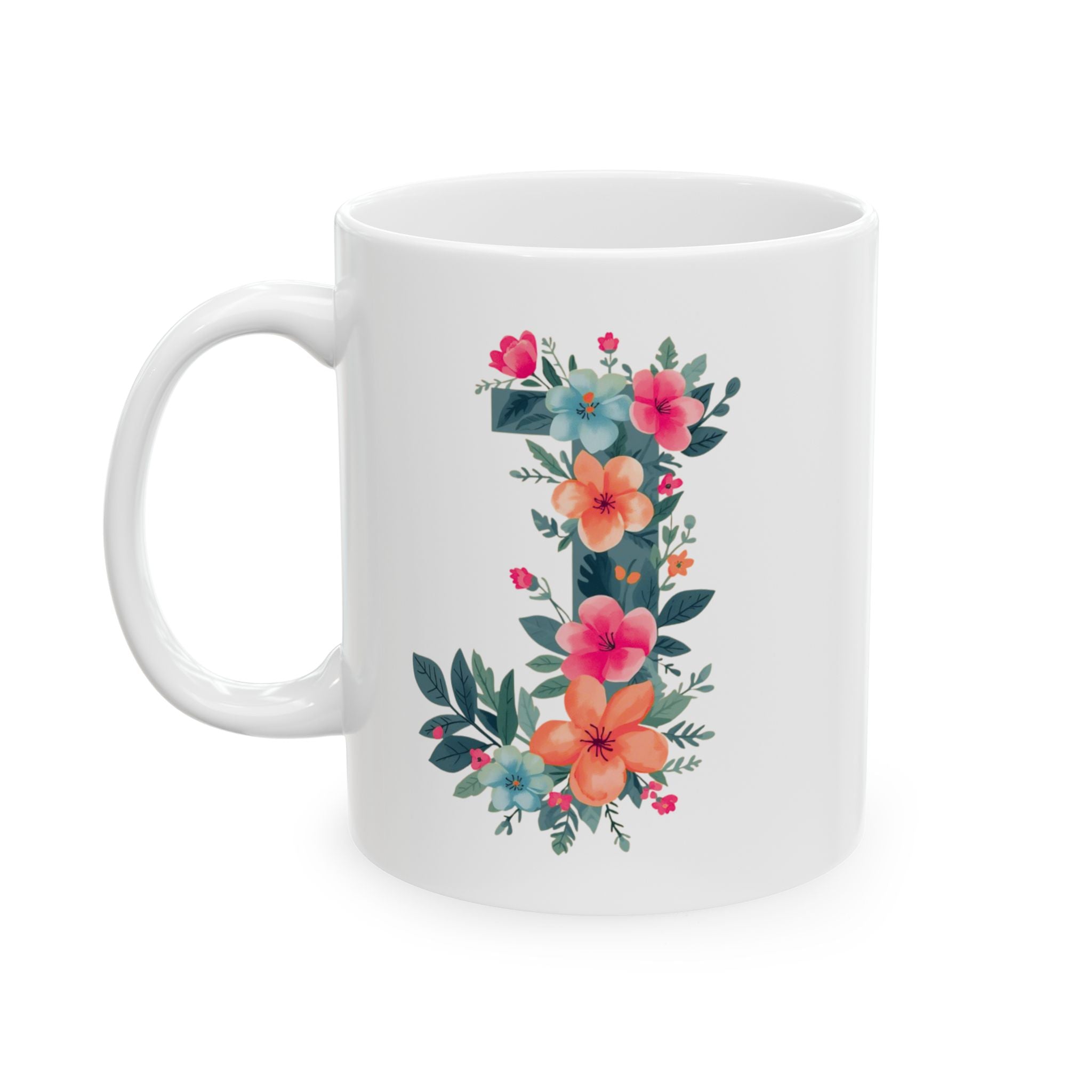 White mug with floral design and letter 'J' on a white background
