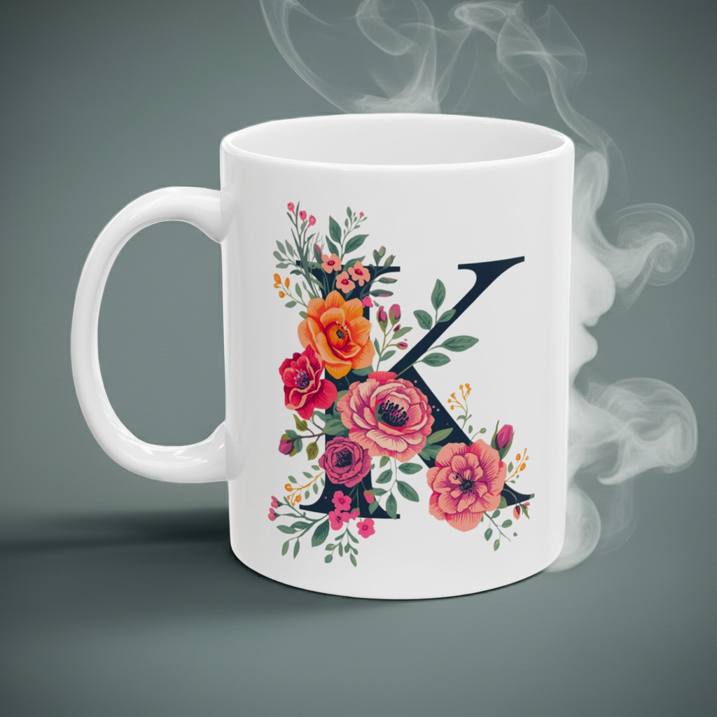 White mug with floral design and letter 'K' on a dark background