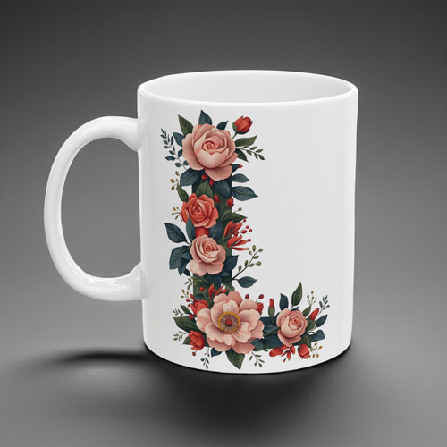 White mug with floral design on a gray background