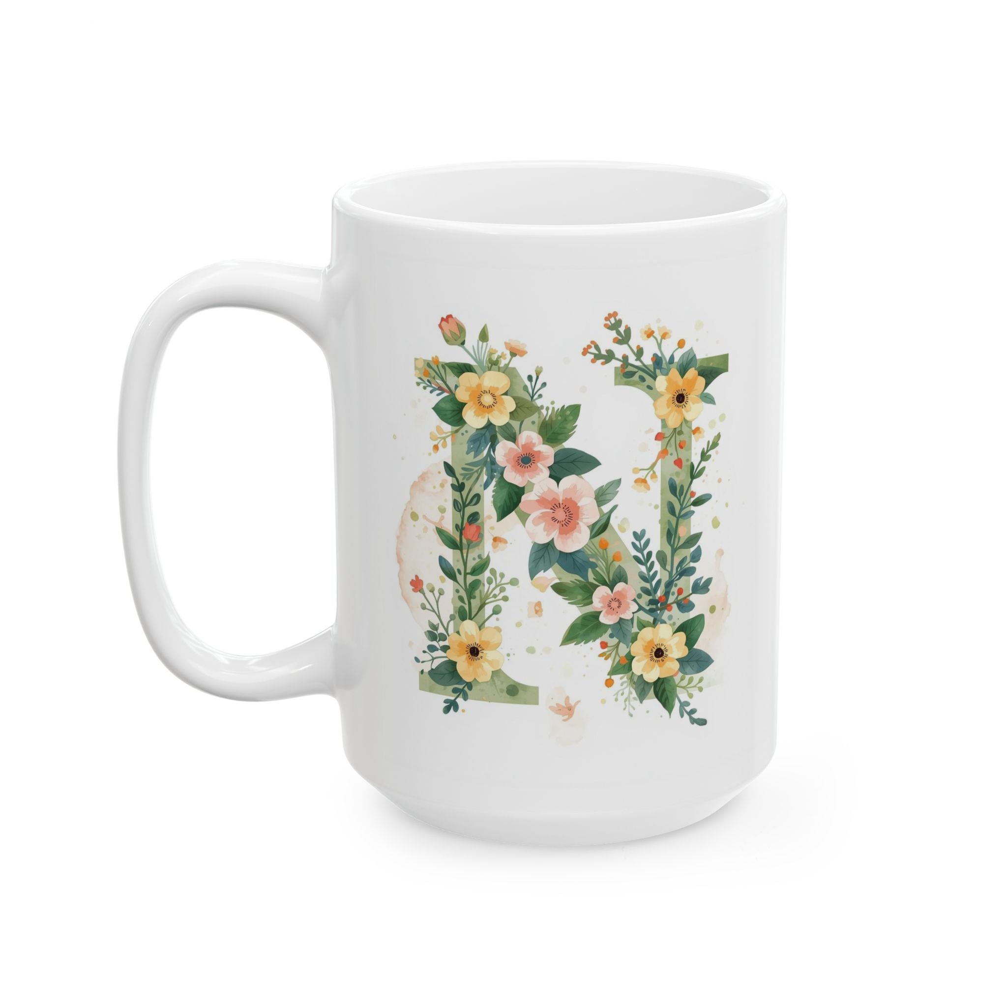 White mug with floral letter N design on a white background