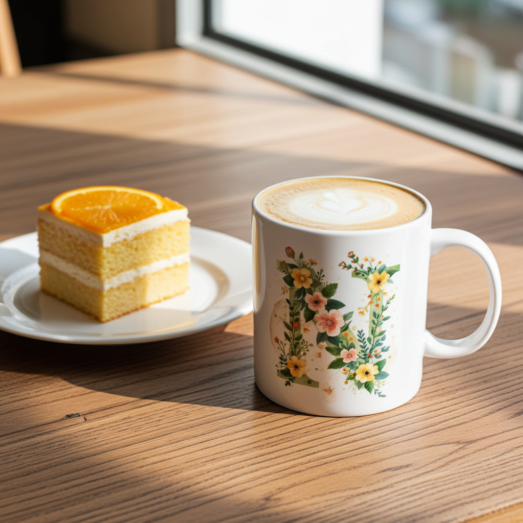 Mug with floral design and latte on a wooden table with a slice of cake.